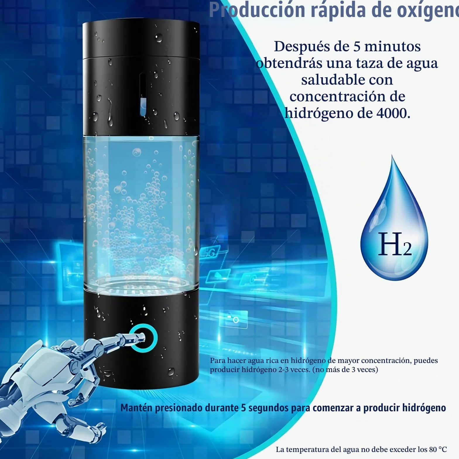 Botella de Agua de Hidrógeno Contenido de Hidrógeno ≥4000ppb Generador de Agua de Hidrógeno Portátil con Tecnología PEM y SPE Generador de Agua 230 Ml (Negro)