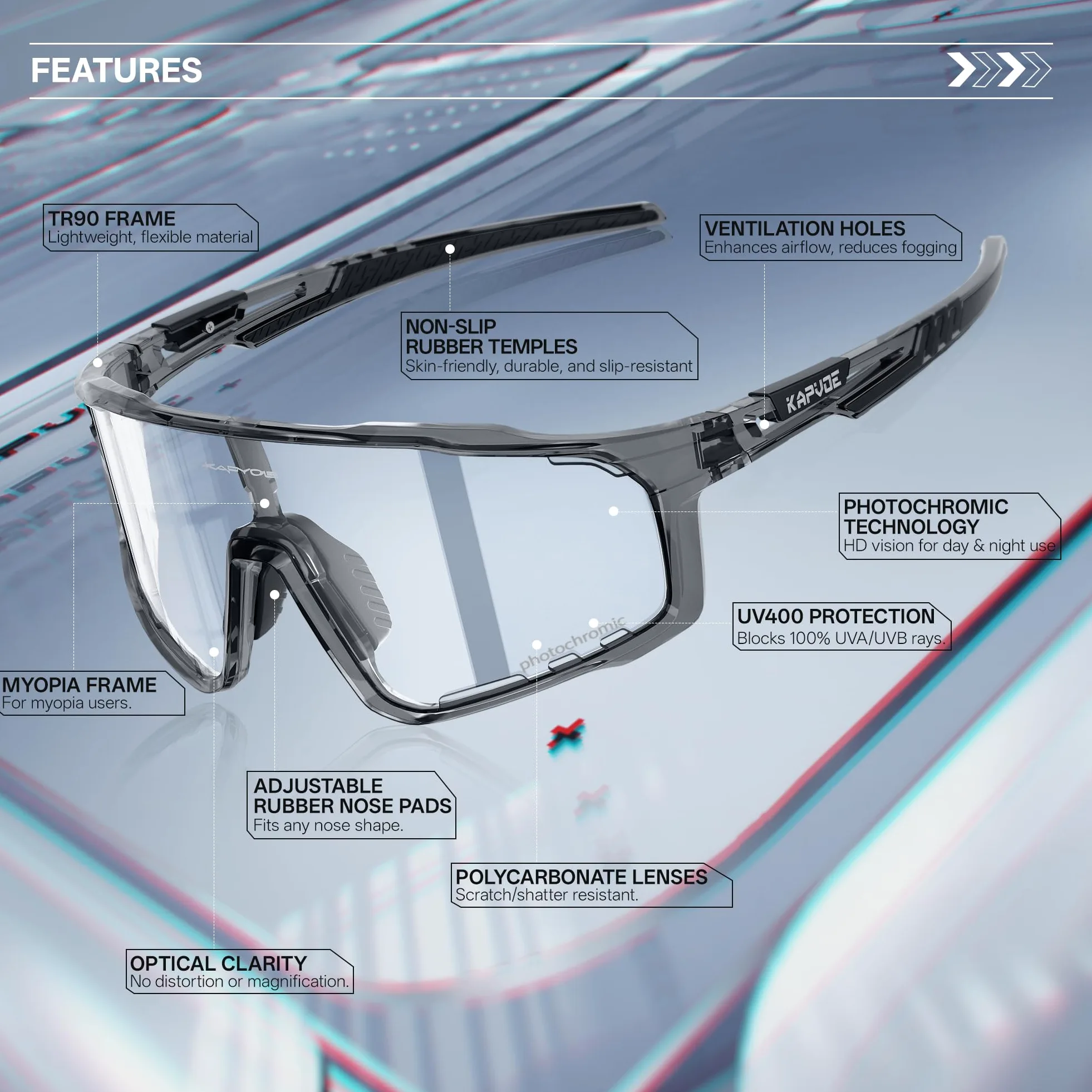 KAPVOE Gafas de Ciclismo Hombre Mujer K76 | Montura TR90, almohadilla nasal ajustable para ciclismo.