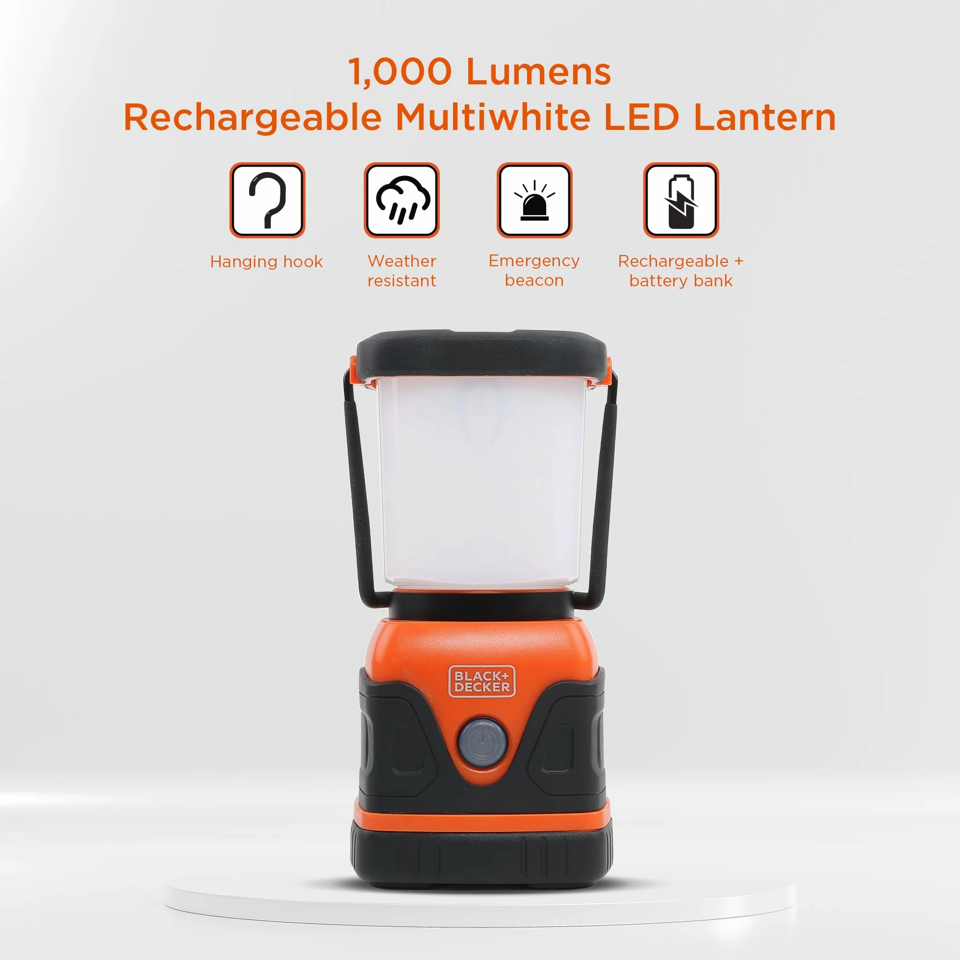 BLACK+DECKER Linterna LED recargable y banco de energía de 400 mAh, paquete de 2, linterna de 1000 lúmenes de 360° para acampar y corte de energía con modo SOS, 12 horas de potencia, multiblanco, 7
