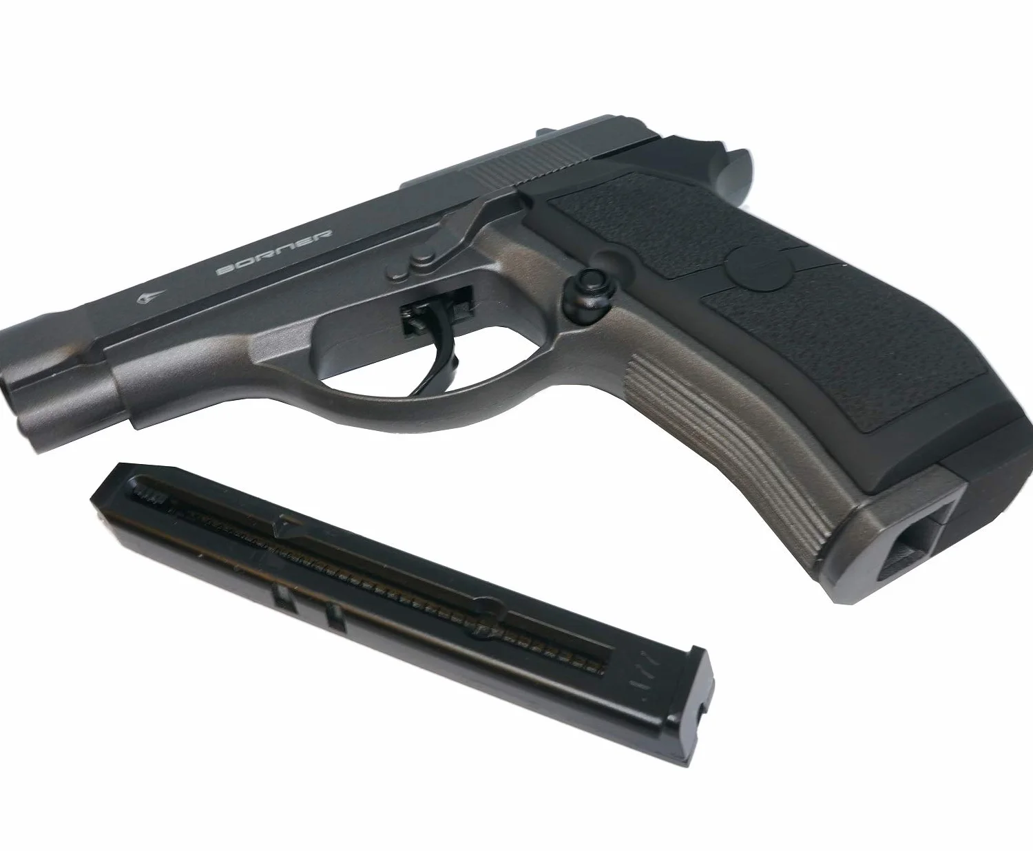 BORNER M84 Modelo Full Metal | Pack Pistola de balines metálica (perdigones: Bolas BB's de Acero). Arma de Aire comprimido (CO2) semiautomática Calibre 4,5mm (Tipo Beretta M84FS) - 2,55 Julios.