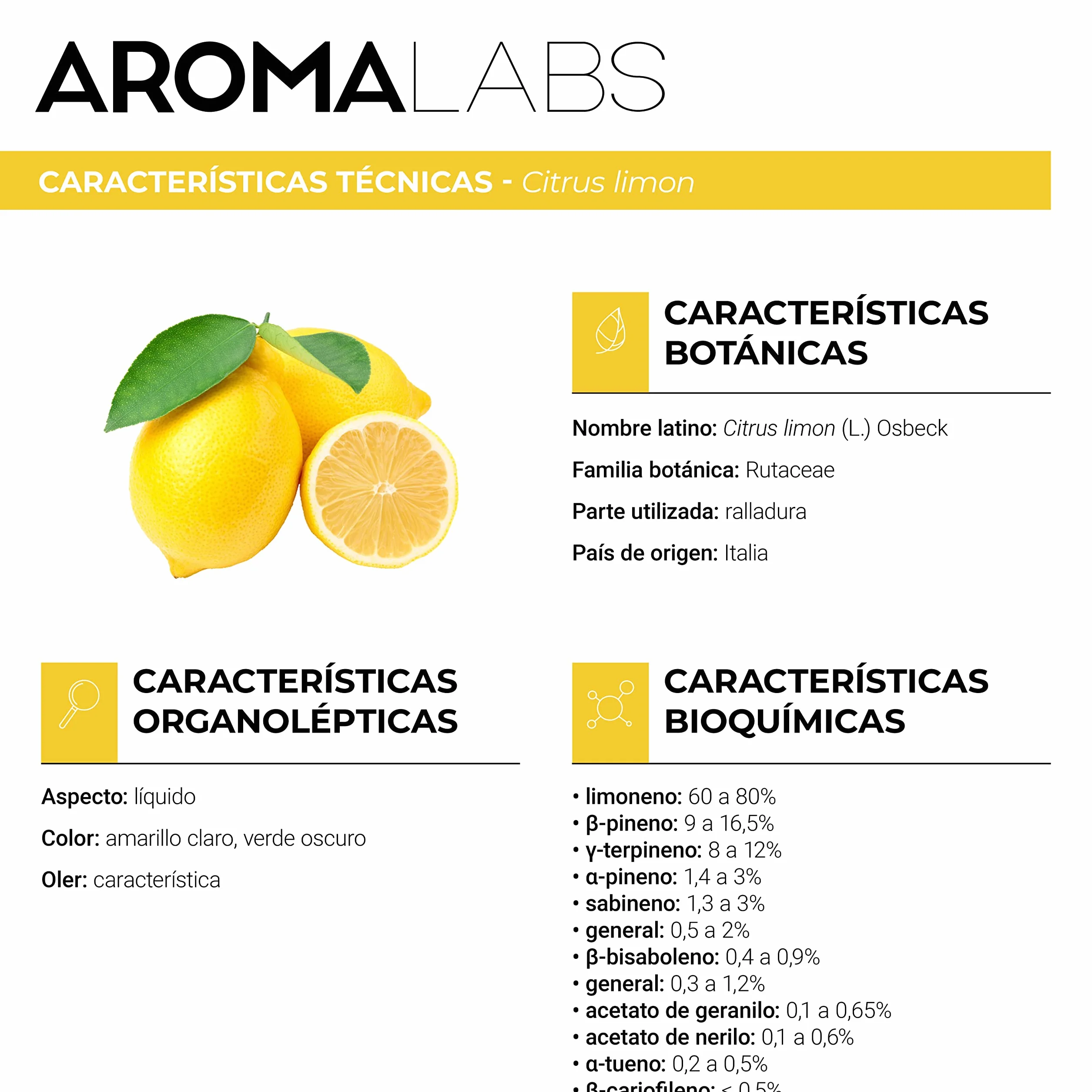 Aceite Esencial de Limón BIO 10 mL Aroma Labs Quimiotipado Certificado AB