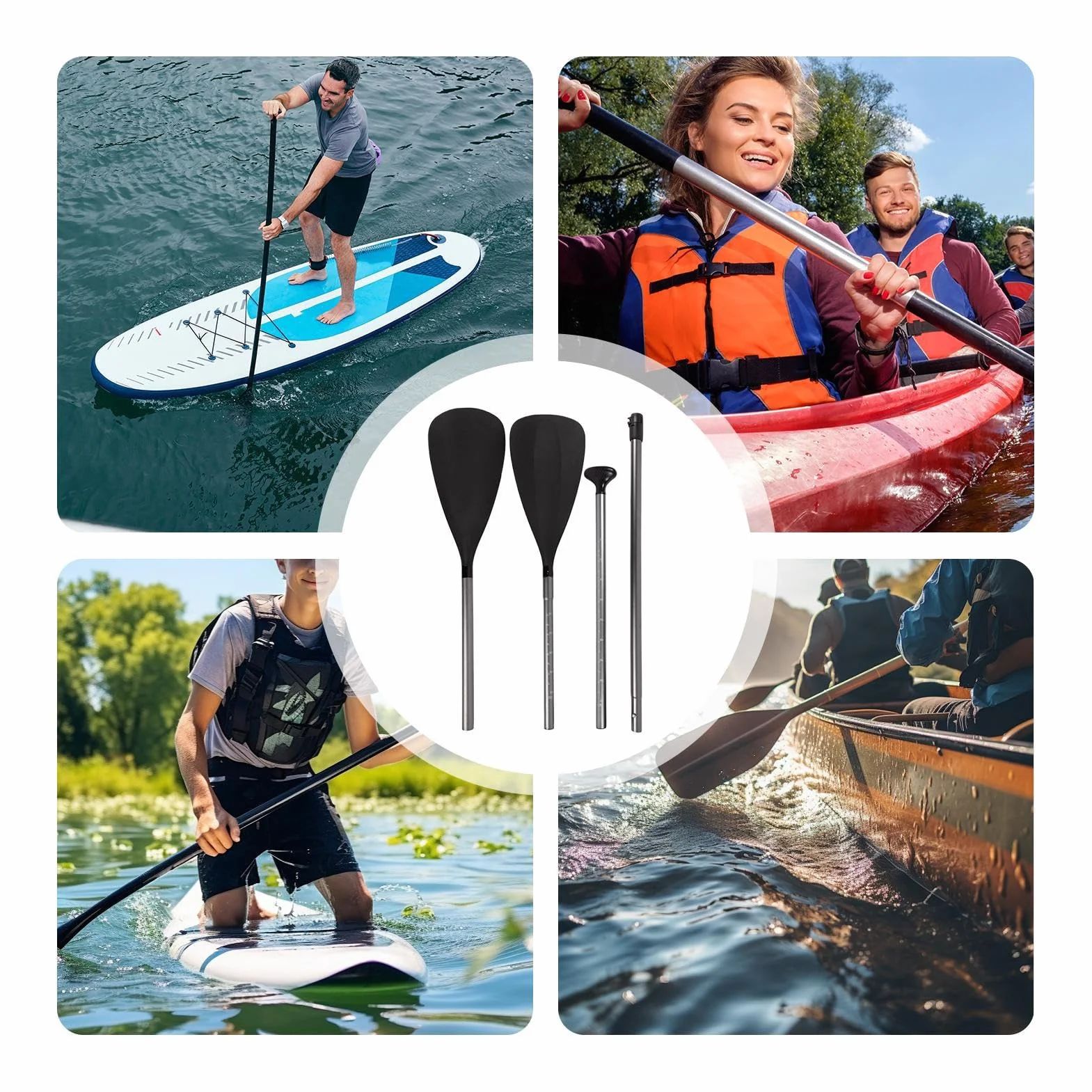 Remos de Kayak para Adultos Palas Dobles Longitud Ajustable Liberación Rápida Cabeza Doble Combinable