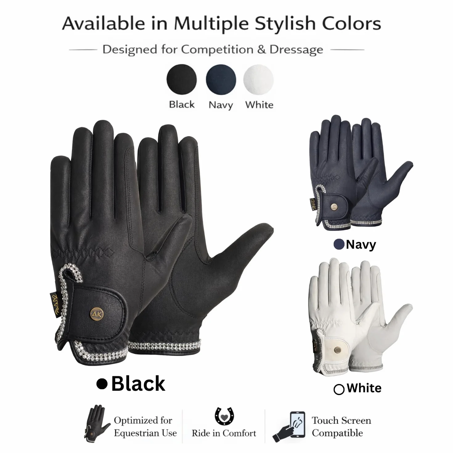 AK Horse Riding Gloves for Competition & Dressing with Crystal Diamante AKRS-6366