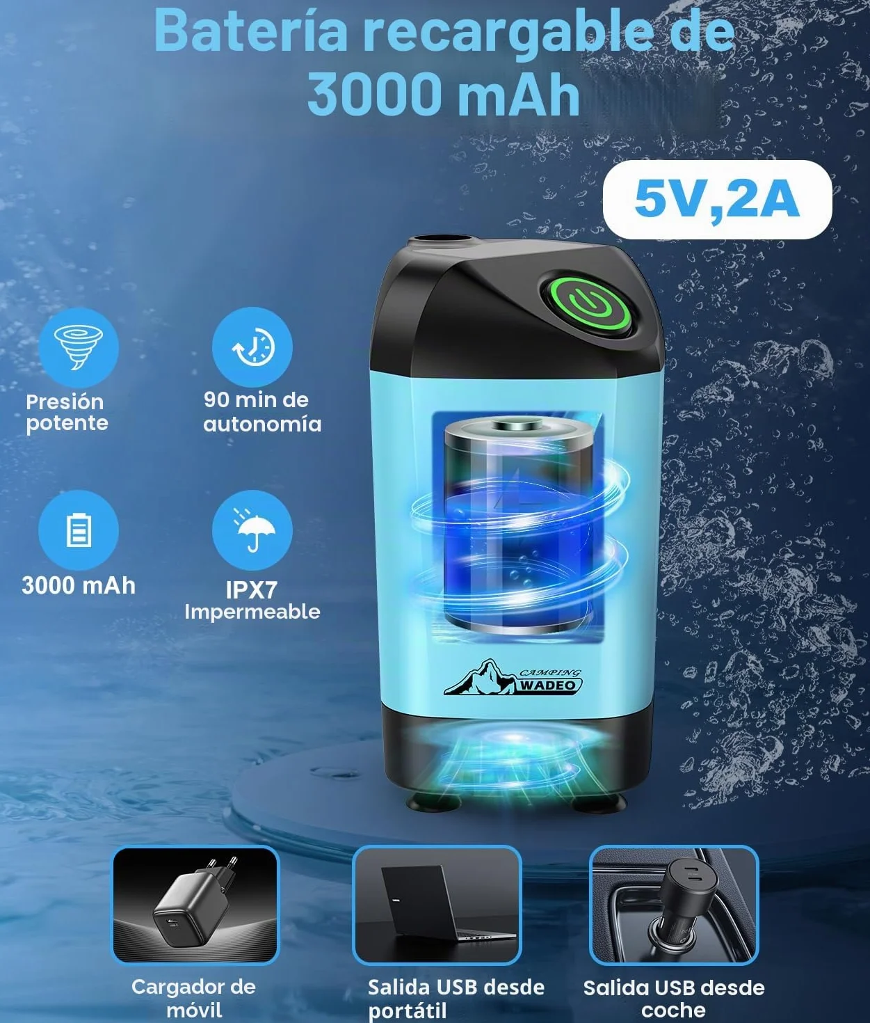 WADEO Ducha Portátil Camping 6000 mAh Bomba Agua 20L Kit Exterior