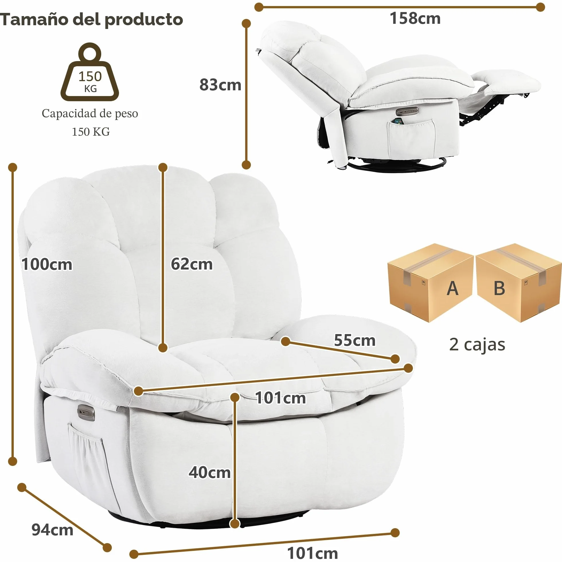 Sillón Relax Reclinable Eléctrico con Calefacción y Puertos USB-C, Blanco