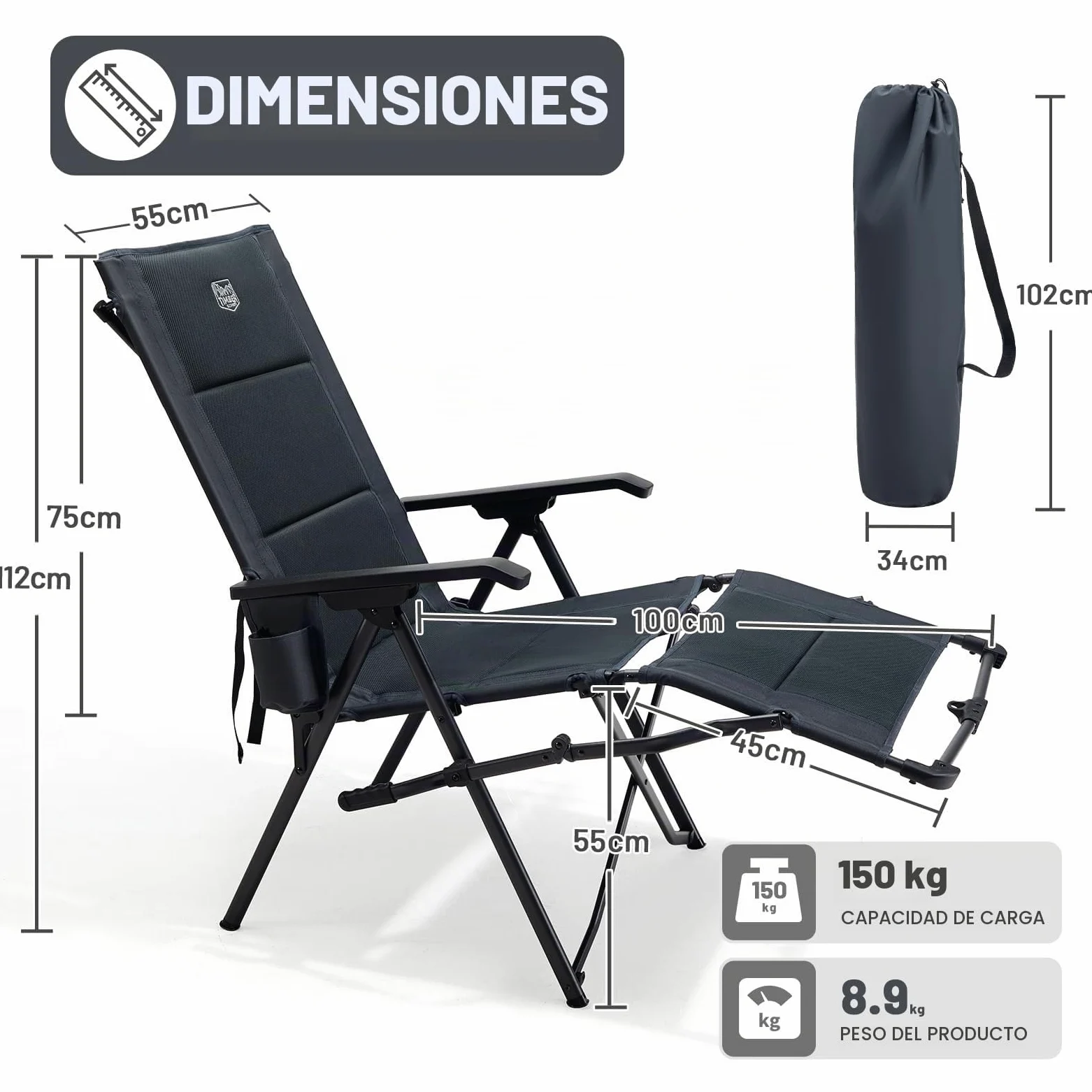 TIMBER RIDGE Silla de camping plegable en 4 posiciones, respaldo ajustable con reposapiés, asiento acolchado plegable, 150 kg, tumbona de jardín para camping, jardín, balcón, autocaravana