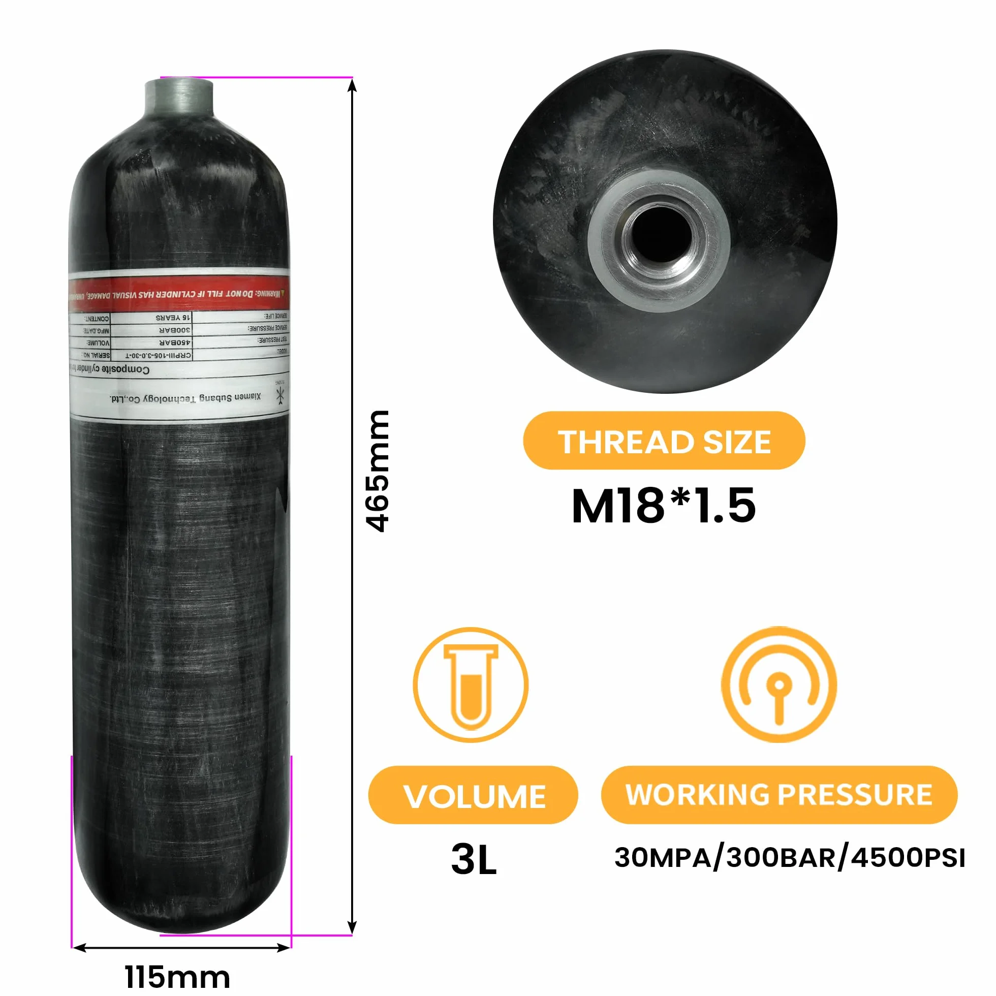 TUXING Depósito de Aire de Fibra de Carbono 3L 4500psi (Botella vacía) con Dos manómetros y Manguera de Alta presión de 24 Pulgadas, Bolsa
