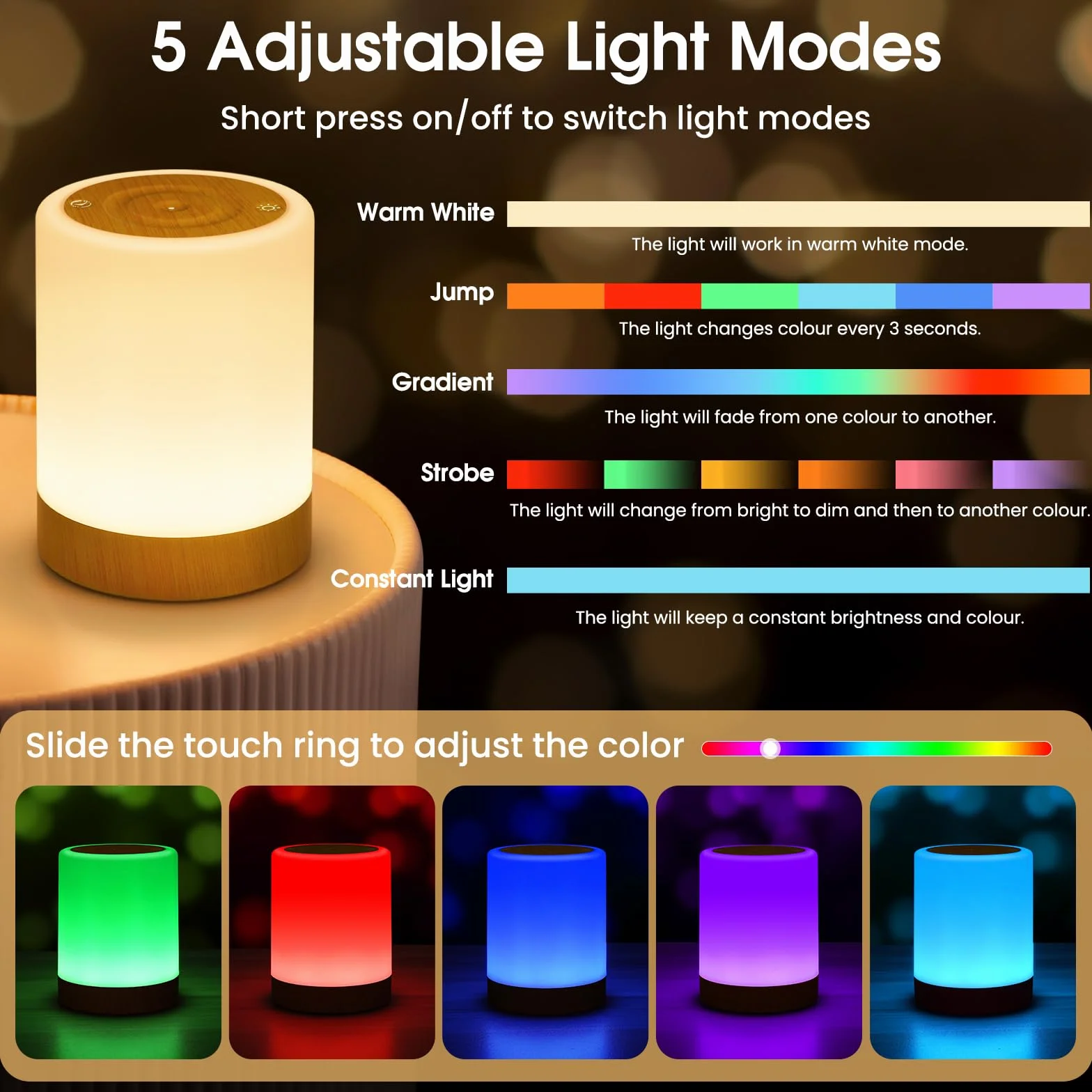 Lampara de Mesita de Noche Tactil Regulable LED Recargable USB 256 RGB 5 Modos Temporizador