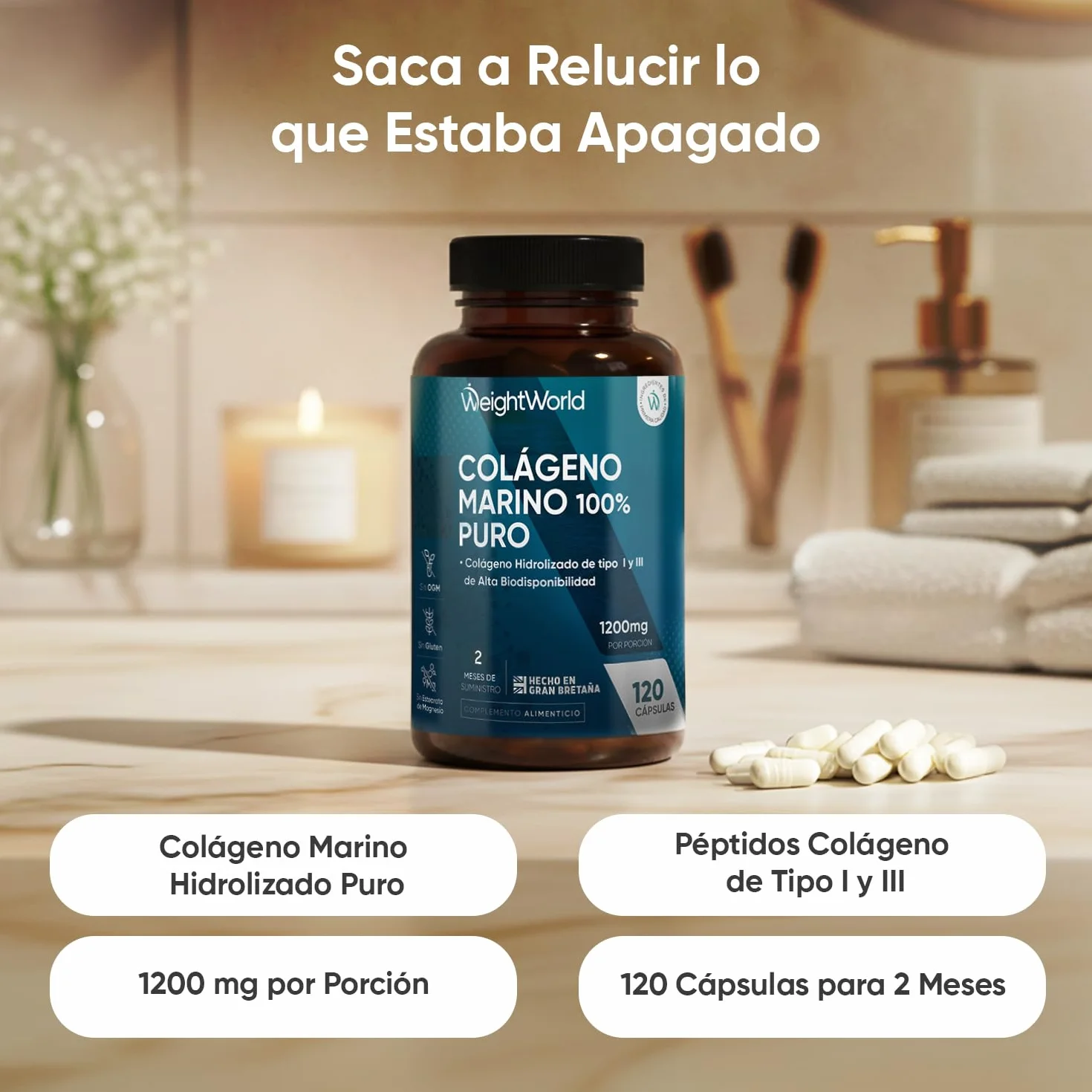 Colágeno Marino Hidrolizado 100% Puro 1200 mg - 120 Cápsulas de Péptidos de Colágeno de Pescado Hidrolizado Tipo I y III