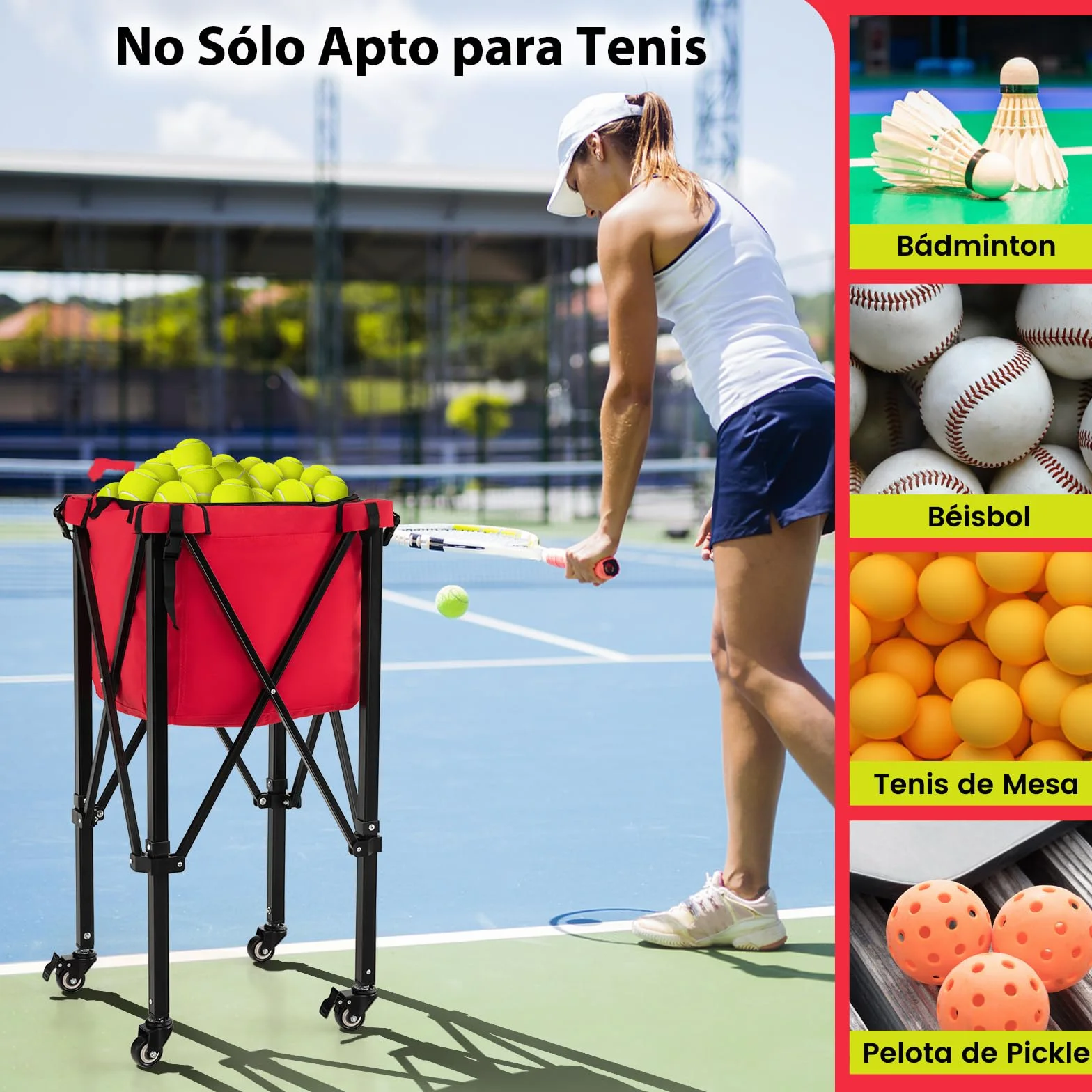 COSTWAY Carro Plegable para Pelotas de Teni, Carrito Recogepelotas, Cesta Ligera de Aluminio con Ruedas para Pelotas de Tenis, Bolsillos Laterales/Bolsa de Transporte,150 Pelotas