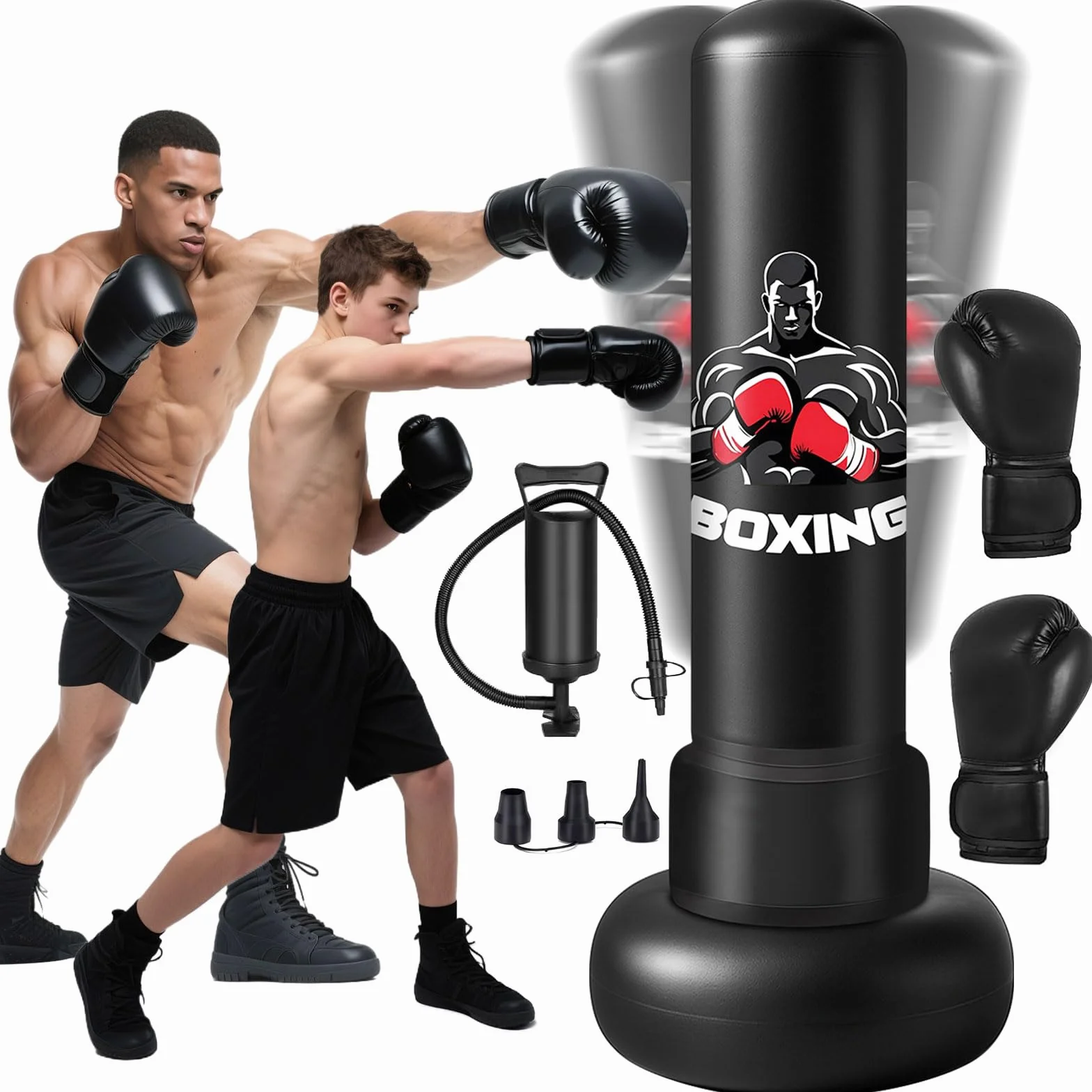 Qoosea Saco de Boxeo Adulto, 180cm Bolsa de Boxeo Inflable de Pie con Guantes, Mujeres Hombres Stand Kickboxing Bolsas, Punching Ball Estable para Karate MMA Taekwondo Thai Fitness