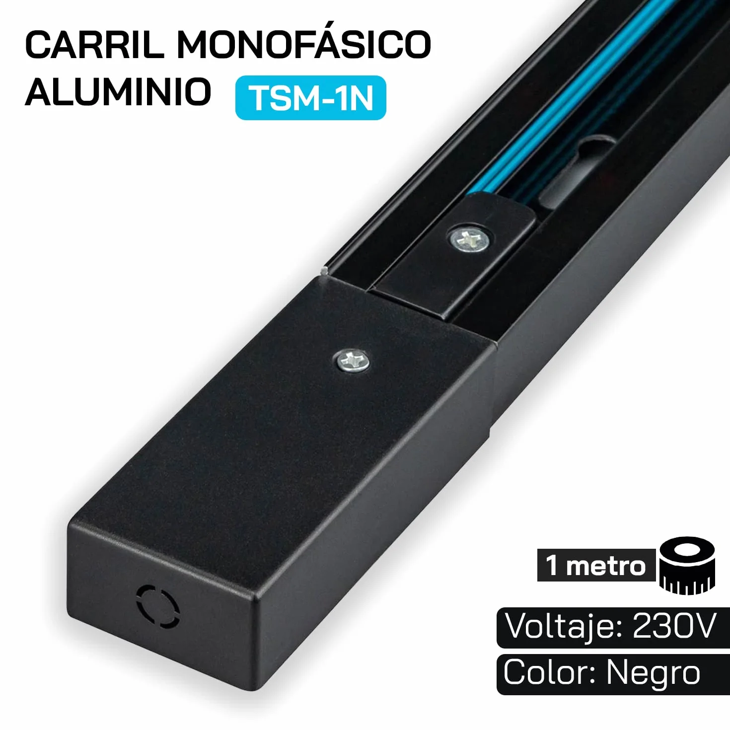 POPP® Carril monofasico 1 metro Accesorio LED superficie aluminio negro