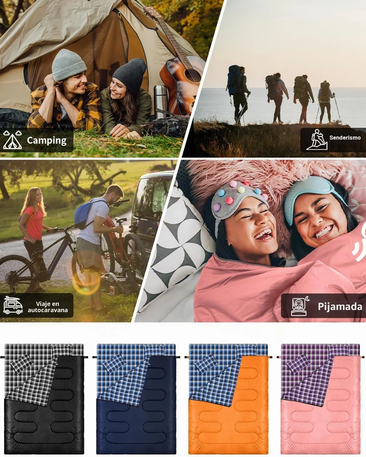 Sportneer - Saco de Dormir Doble para Exteriores, 2 Personas, 3 Estaciones, 220 x 150 cm, 2,75 kg con 2 Almohadas, Cuatro Cremalleras Dobles, para Adultos