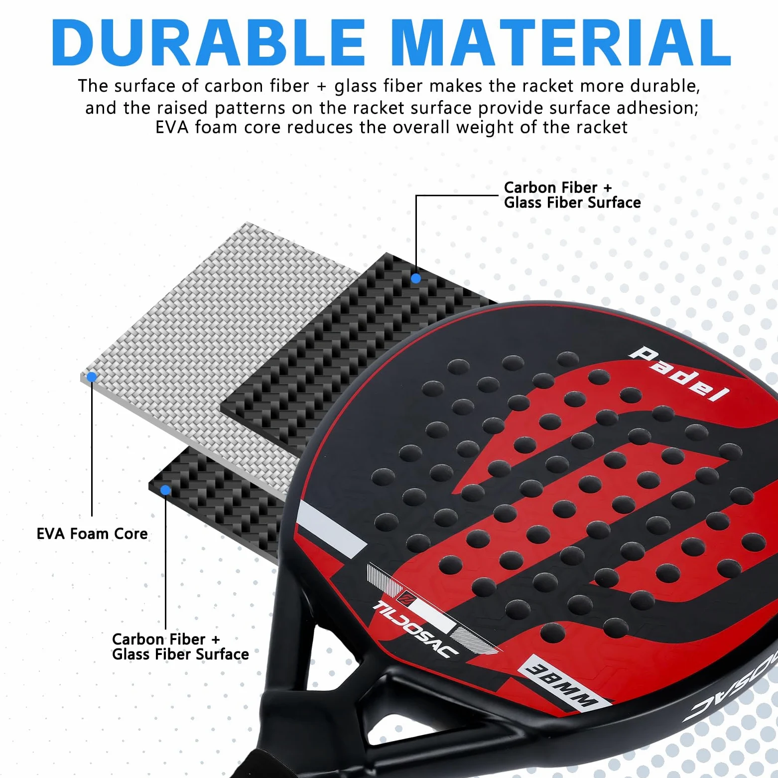 TILDOSAC Pala de pádel para adultos de fibra de carbono y vidrio con núcleo de espuma EVA flexible, raquetas de remo en forma de lágrima para principiantes, jugadores avanzados intermedios, funda de