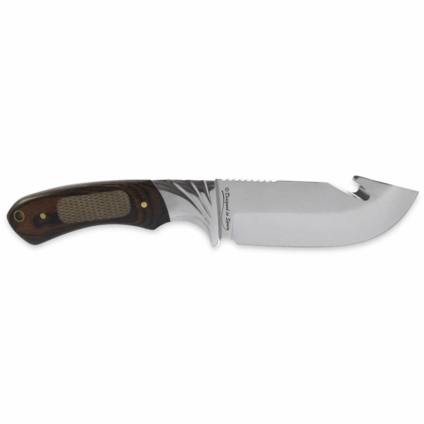 iFIELD Cuchillo desollador Camper EL29015, Mango Stamina Decorada, Hoja Acero INOX de 10,5 cms, Largo Total 22,5 cms, con Funda de Piel, Herramienta de Camping para Pesca, Caza, Actividad Deportiva