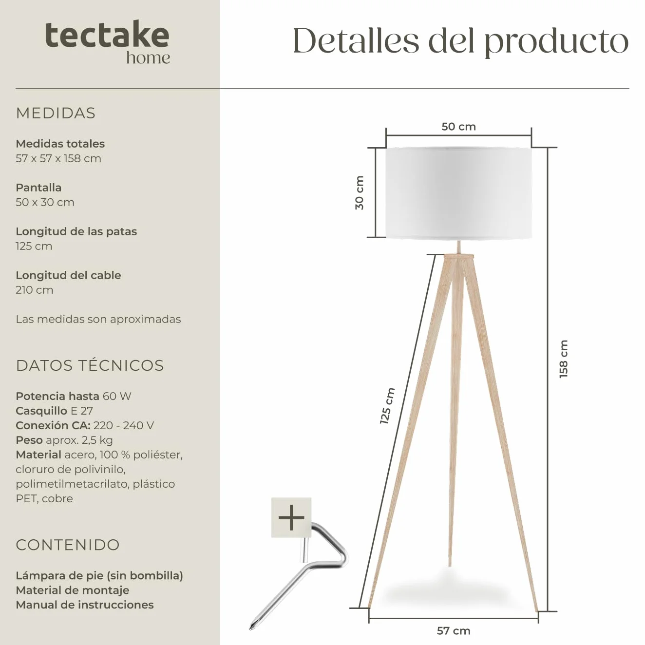 Tectake Lámpara de Pie Roble Trípode Acero Pantalla Lino Lectura Moderna