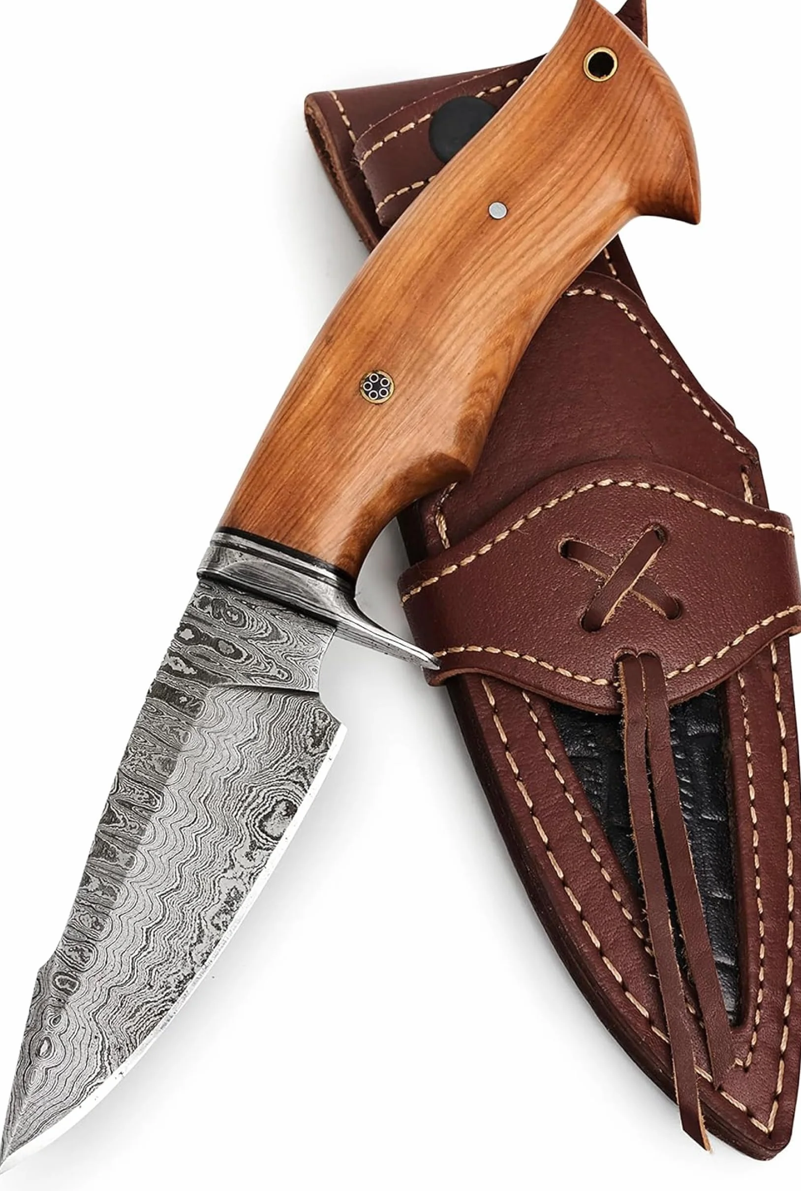 BIGCAT ROAR Predator Hunter Cuchillo Caza Acero Damasco 25.4 cm Mango Madera Olivo Funda Cuero Bushcraft Camping Supervivencia