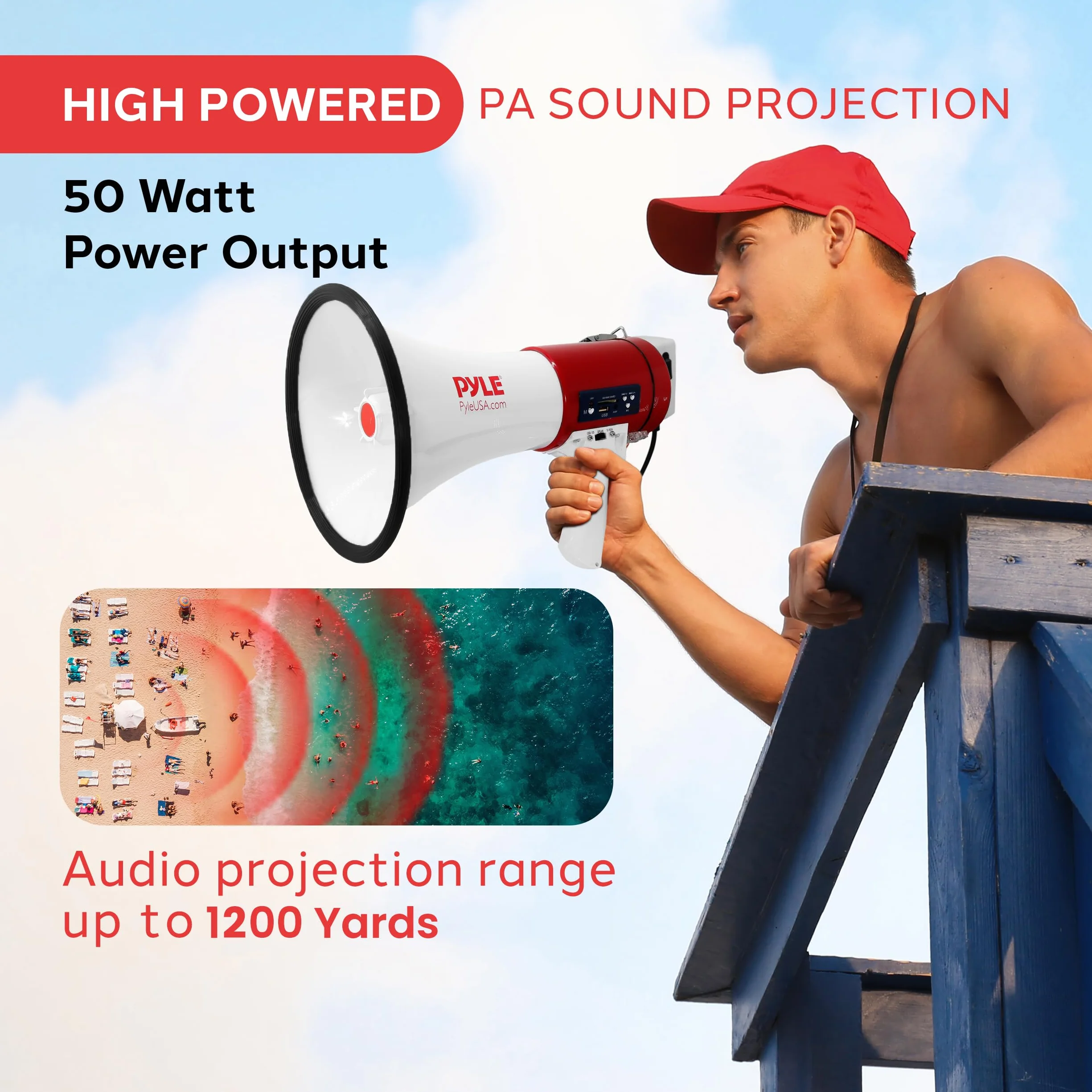 Pyle Altavoz Megafono Portatil 30V Sirena 800 Yardas