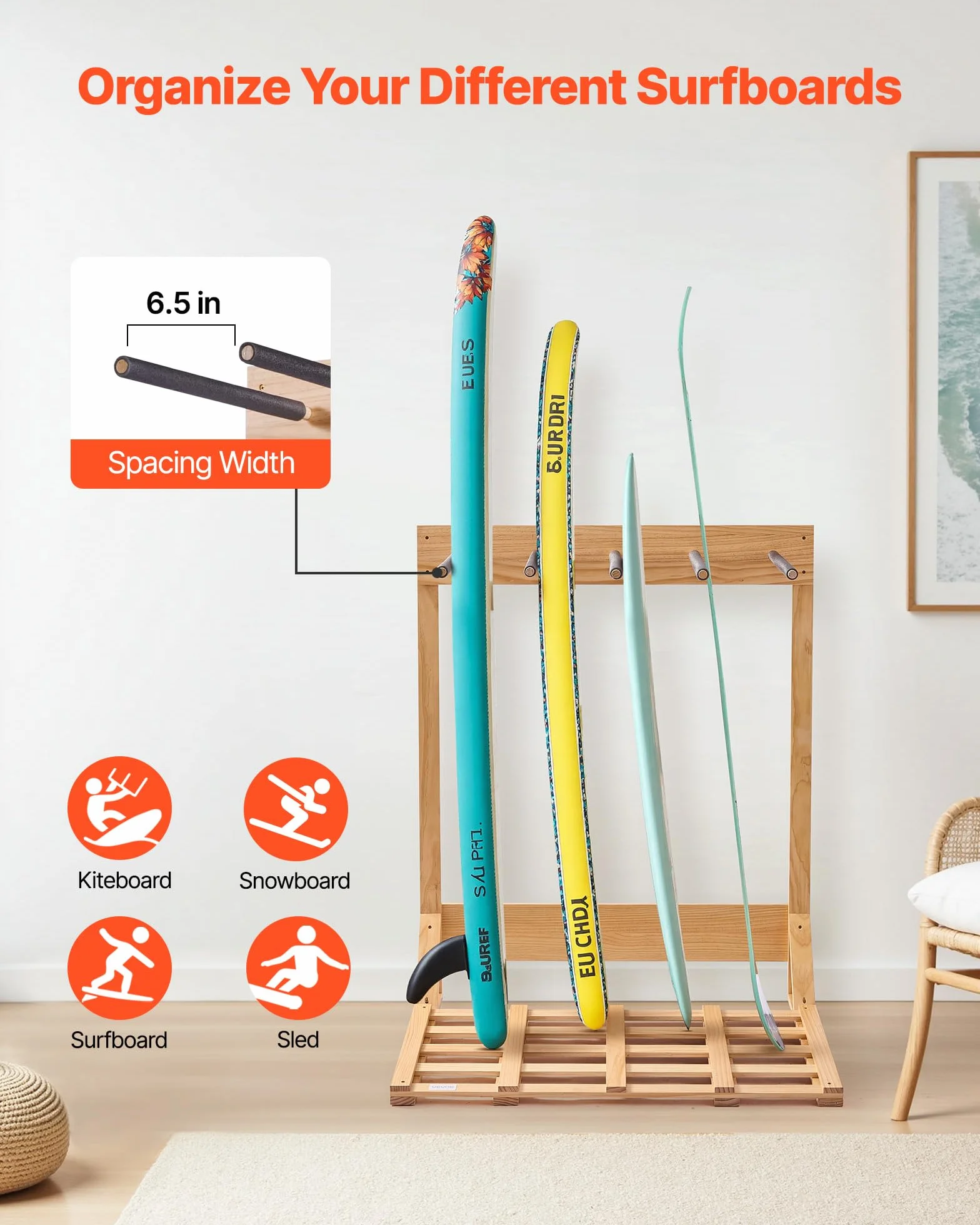 VEVOR Soporte Vertical para Tablas de Surf, Estante de Madera de 4 Niveles para Almacenamiento y Exhibición
