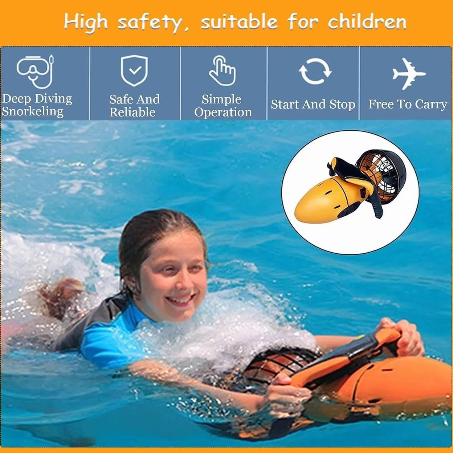 Scooter submarino de propulsión acuática, dispositivo sumergible con hélice de agua, batería de litio de 500 W, dispositivo de natación para deportes acuáticos en piscinas.,Orange