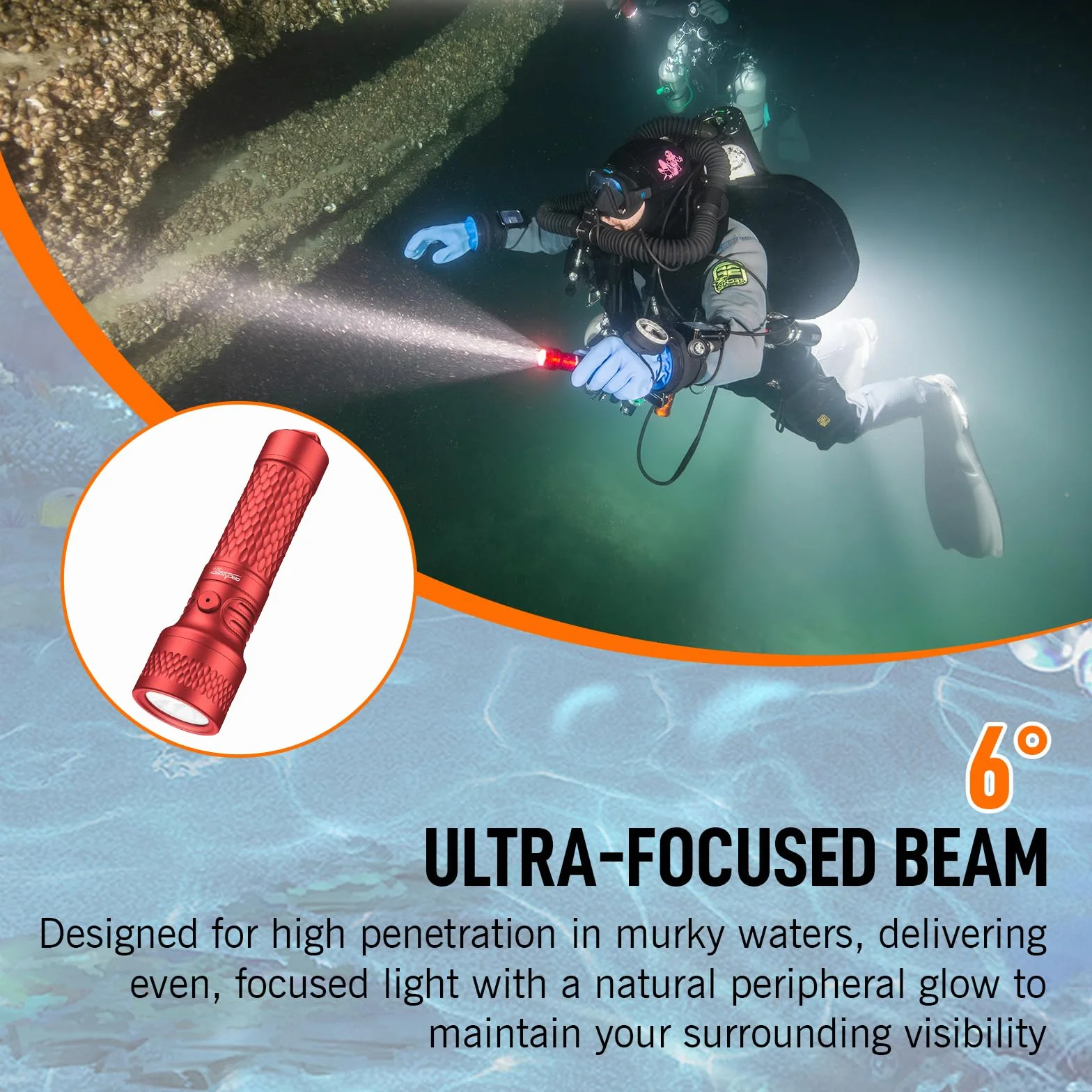 ORCATORCH ORCA7 Linterna Buceo,3000 Lúmenes Linterna de Buceo,Haz de 6° Linterna Submarina con SOS, Impermeable IP68 Hasta 150 m, Ideal para Buceo Nocturno,Exploración de Cuevas y Equipo Técnico(Rojo)