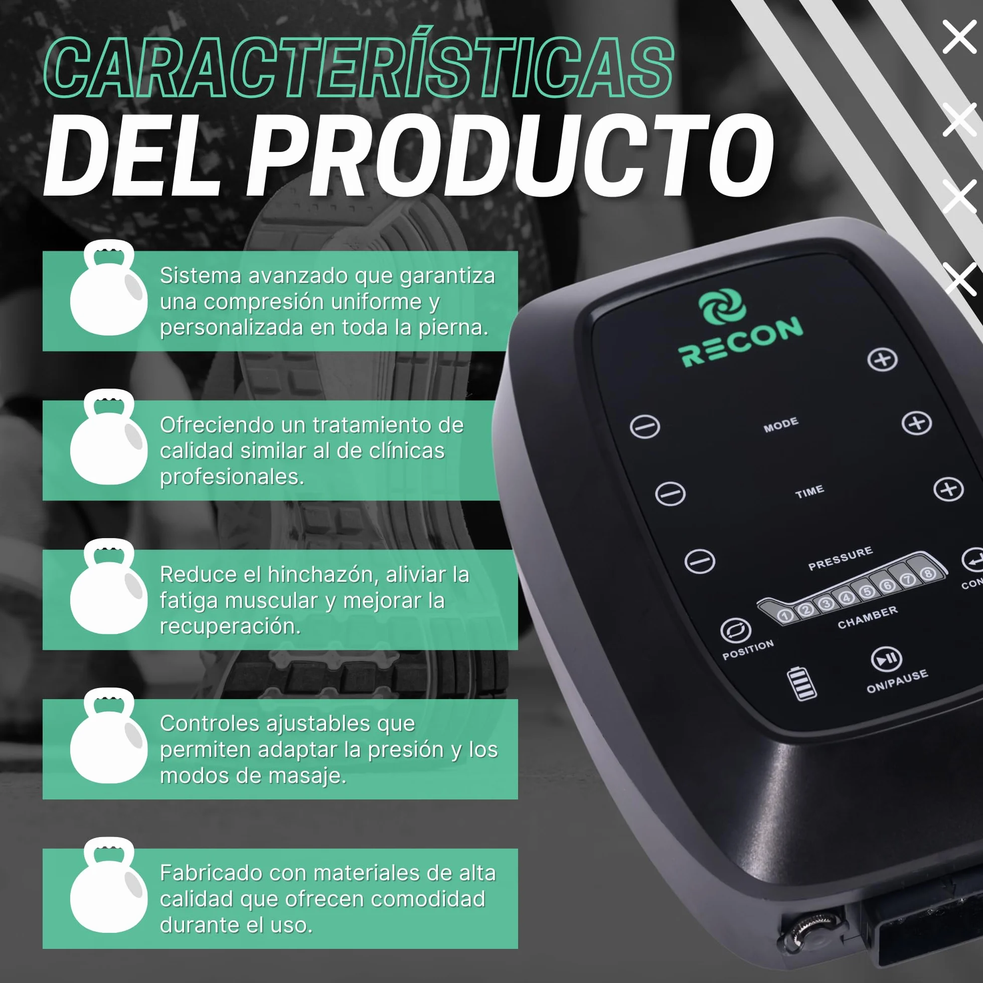 Pantalón de Presoterapia Masajeador Recon 8 Cámaras 6 Modos Batería