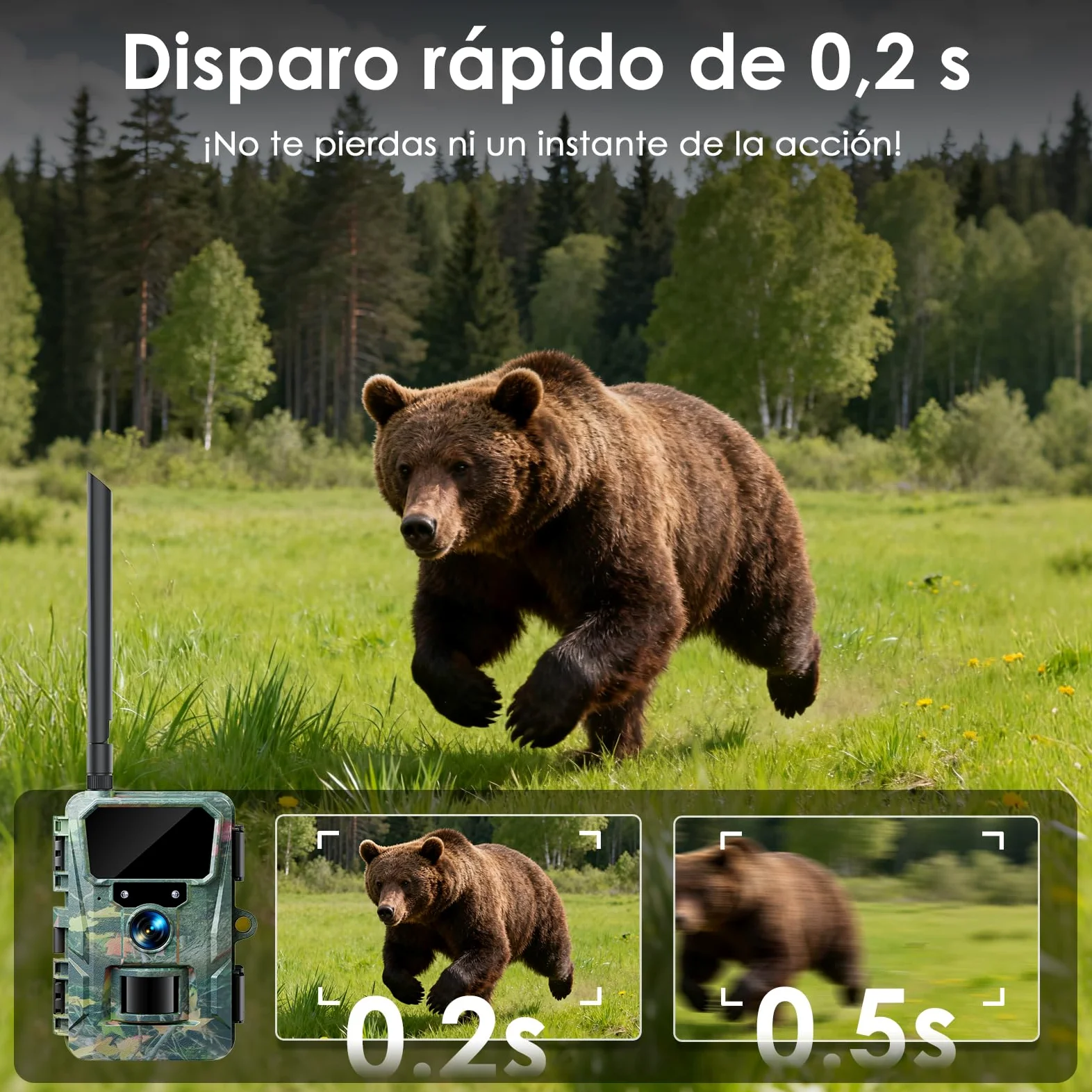 WOLFANG Cámara de Caza 4G, Cámara Fototrampeo 48MP 2K, 5200 mAh Batería, Nocturna 850 NM LED IR con 0,2 s Activación, Cámara Caza Impermeable IP66 para Vida Silvestre