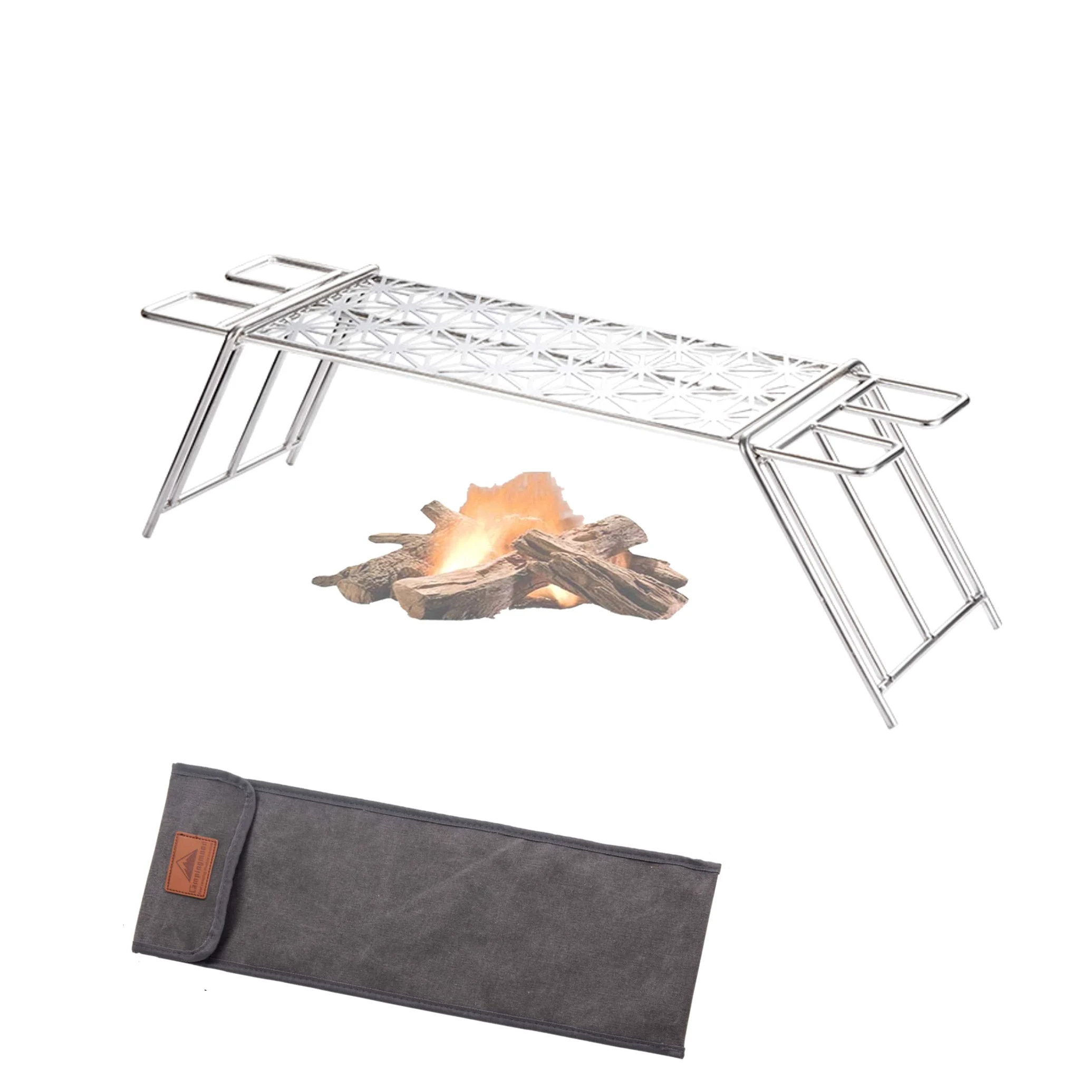 camping moon Parrilla para fogatas Takibi de acero inoxidable 304, 50 x 13 cm, con patas cortas extraíbles y bolsa de transporte MTG-TSC