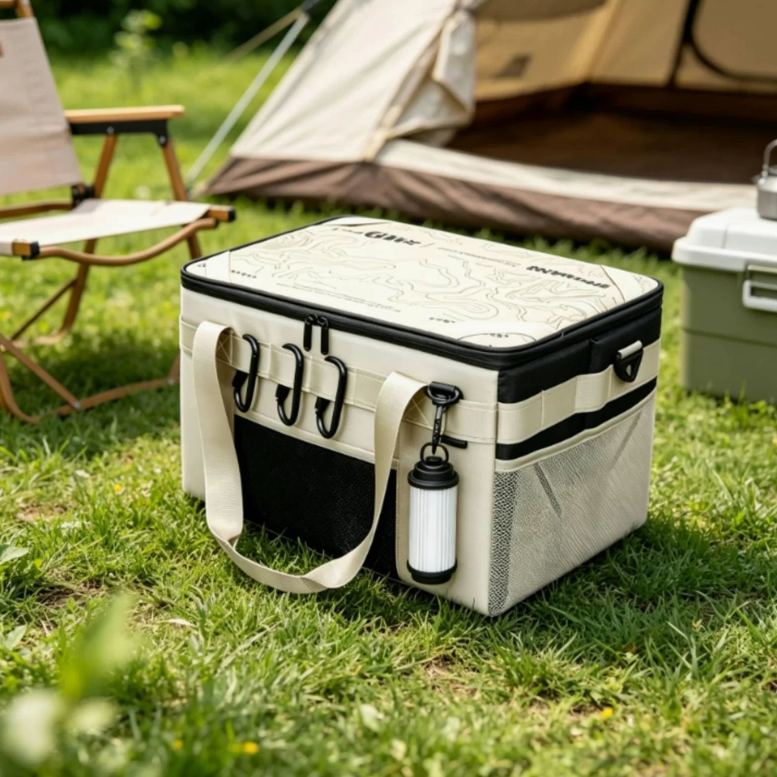 B Baosity Contenedor de Almacenamiento Exterior Bolsa Organizador Equipo Camping Mochila Maletín Rígido con Tablero de Apoyo Acolchado con Bolsillos Laterales, Caqui, 50L Con Tabla De Bambú
