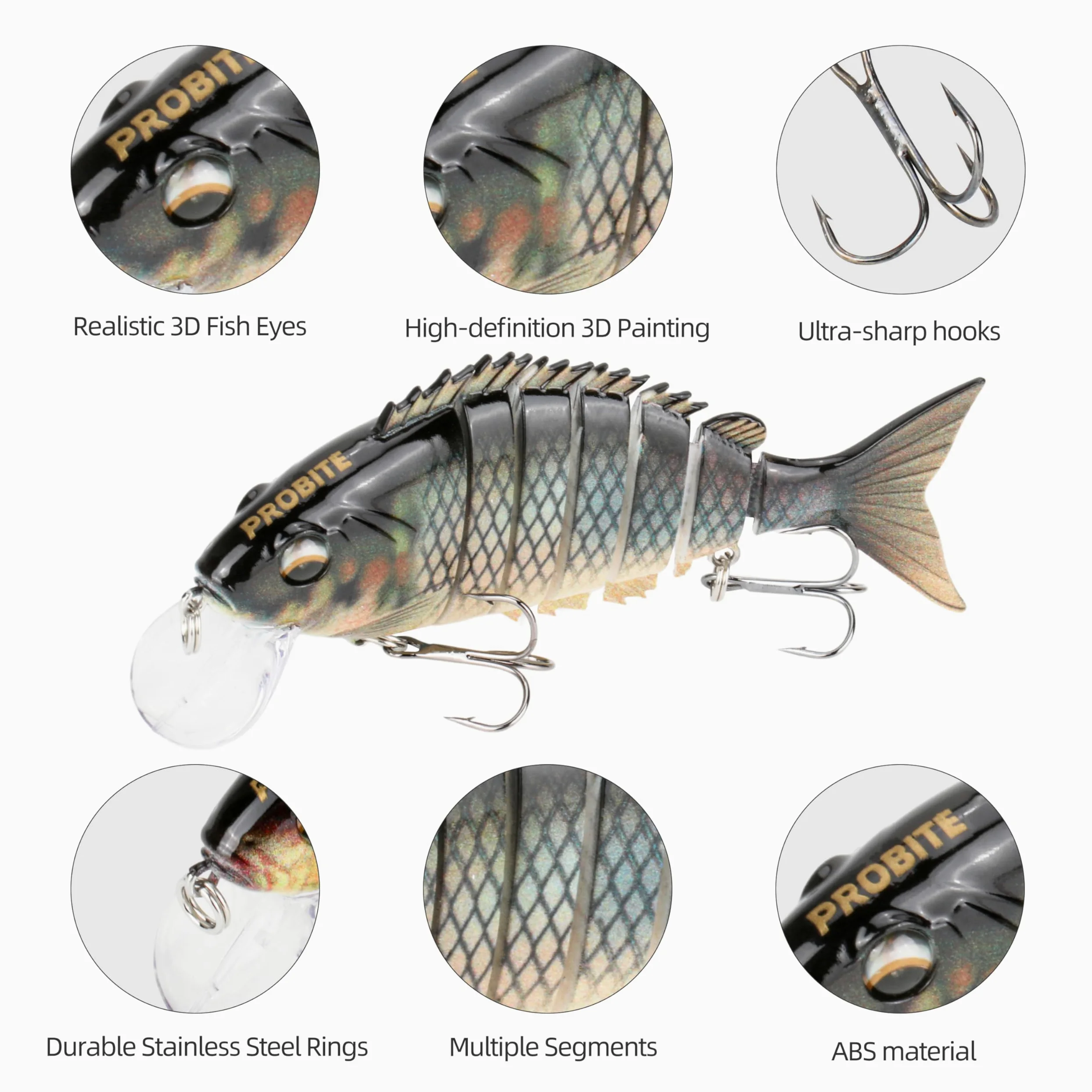 5 señuelos de pesca realistas: cebo multiarticulado para lubina, trucha, crappie, lucio, acción realista con ojos de pez 3D y ganchos afilados, perfecto para kits de pesca en agua salada y agua dulce