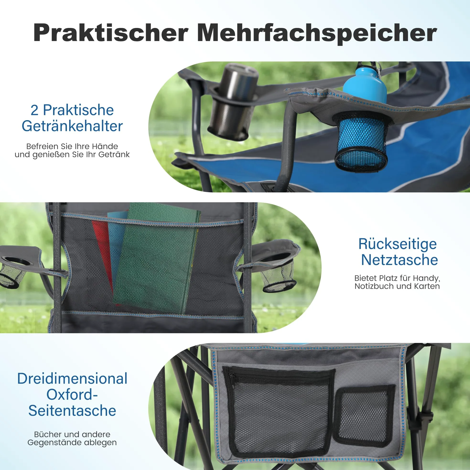 LET'S CAMP Silla plegable para camping, hasta 160 kg | Con soporte para bebidas, bolsa de transporte XL, silla plegable, color azul