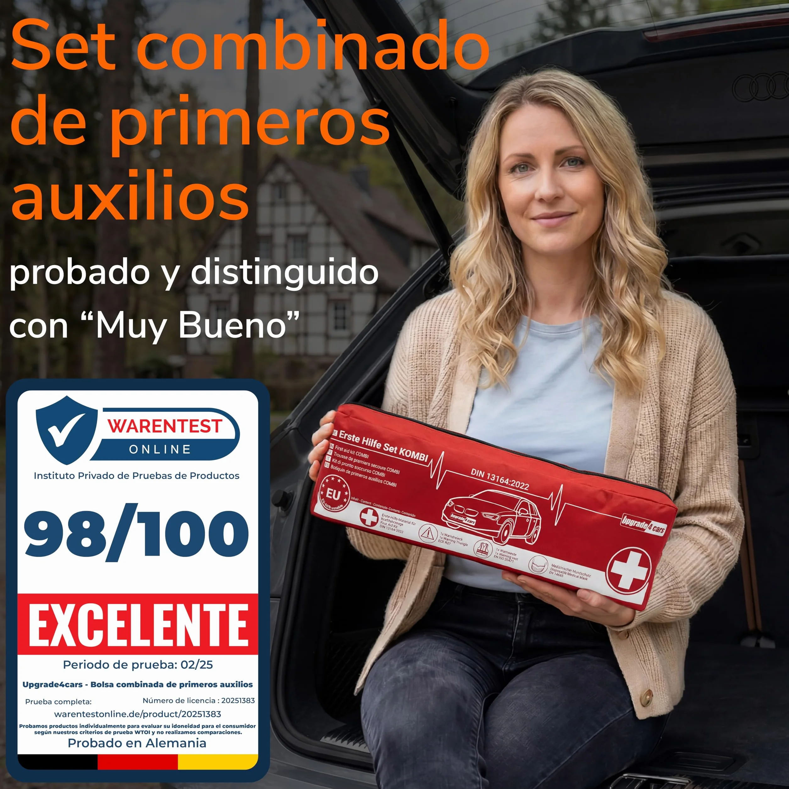 Upgrade4cars Botiquín de Primeros Auxilios Coche 2026 Triángulo Emergencia Chaleco Reflectante DIN 13164
