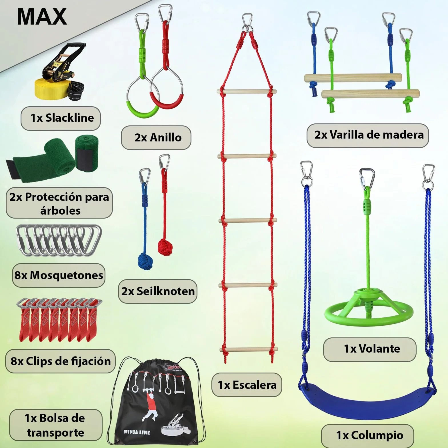 ALPIDEX Ninja Niños Slackline Obstacles Set Anillos Gimnasia Nudos Cuerda Accesorios Escalada Curso Extensible MAX
