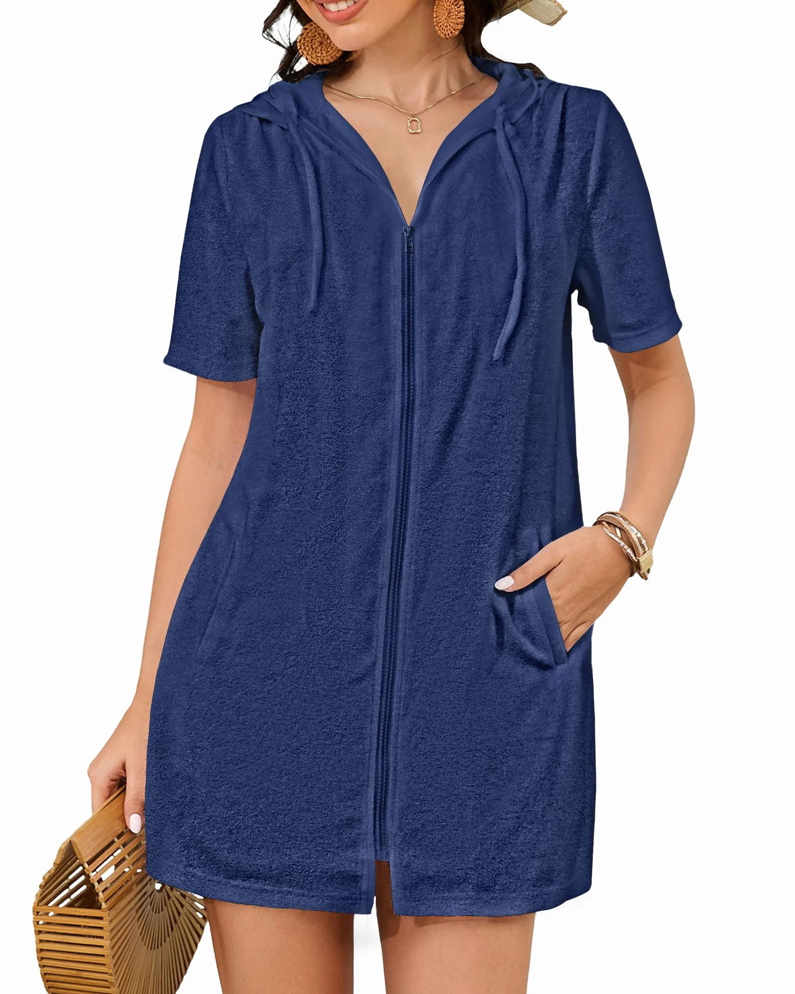 Bsubseach Cubierta de tela de rizo, para mujer, con cremallera, con capucha, para playa, con bolsillos