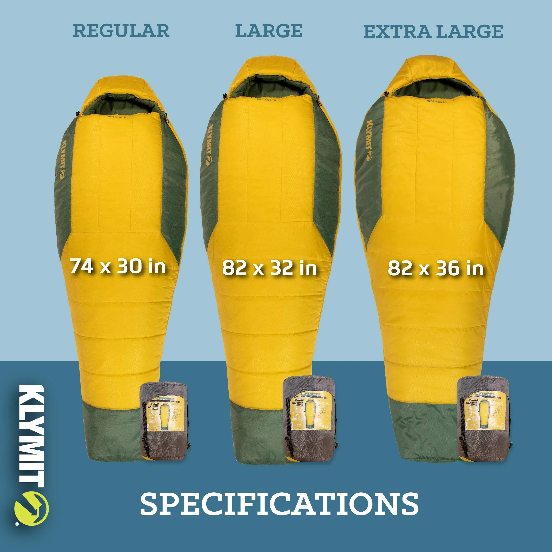 KLYMIT Wild Aspen - Saco de Dormir Ligero para mamá, el Mejor Equipo para Clima frío, Camping, Senderismo, mochilero, par con Almohadilla de Dormir estática en V (tamaño Regular a XL)