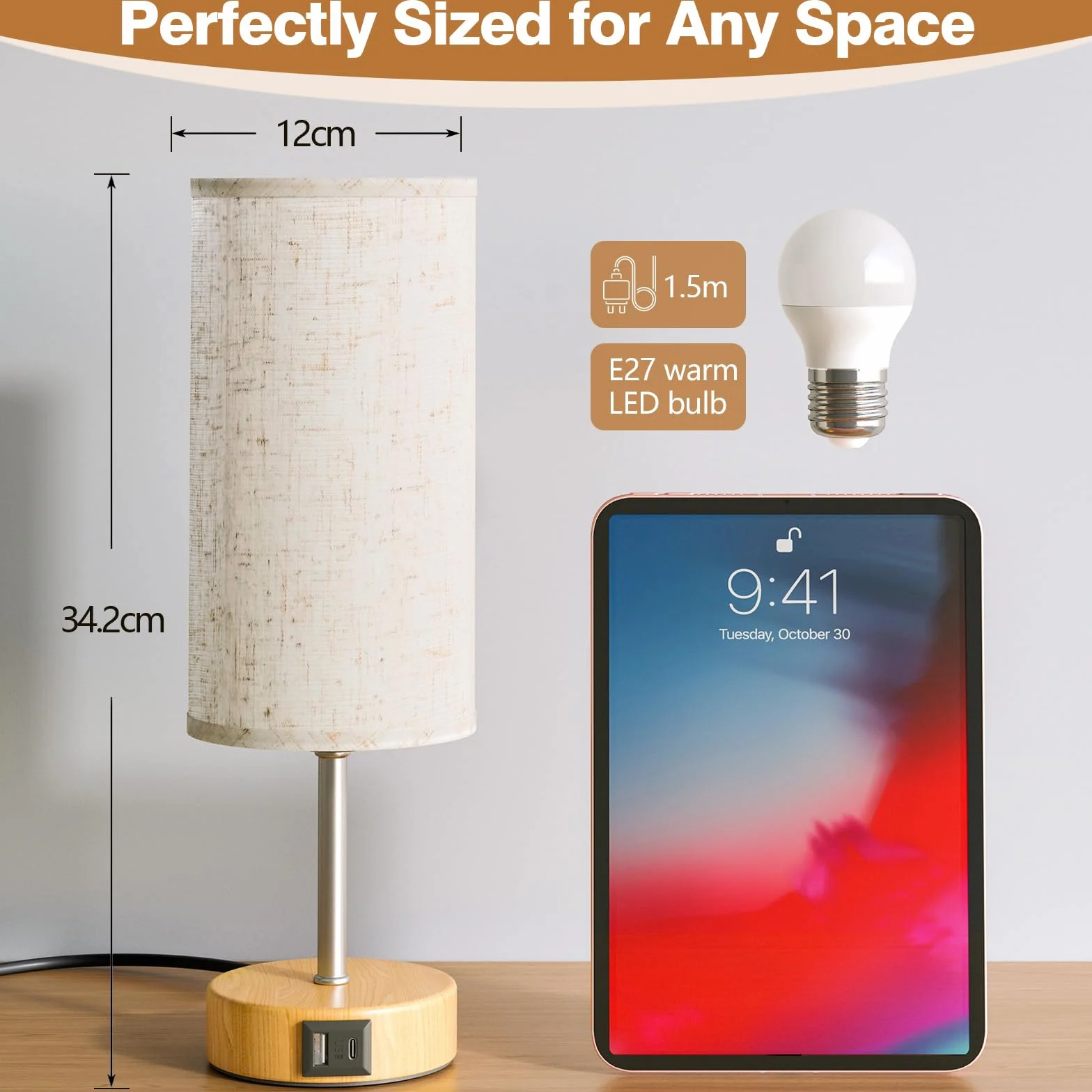 Lámparas de Mesita de Noche con Control Táctil USB-A USB-C Regulables 3 Niveles Pantalla de Lino Set de 2
