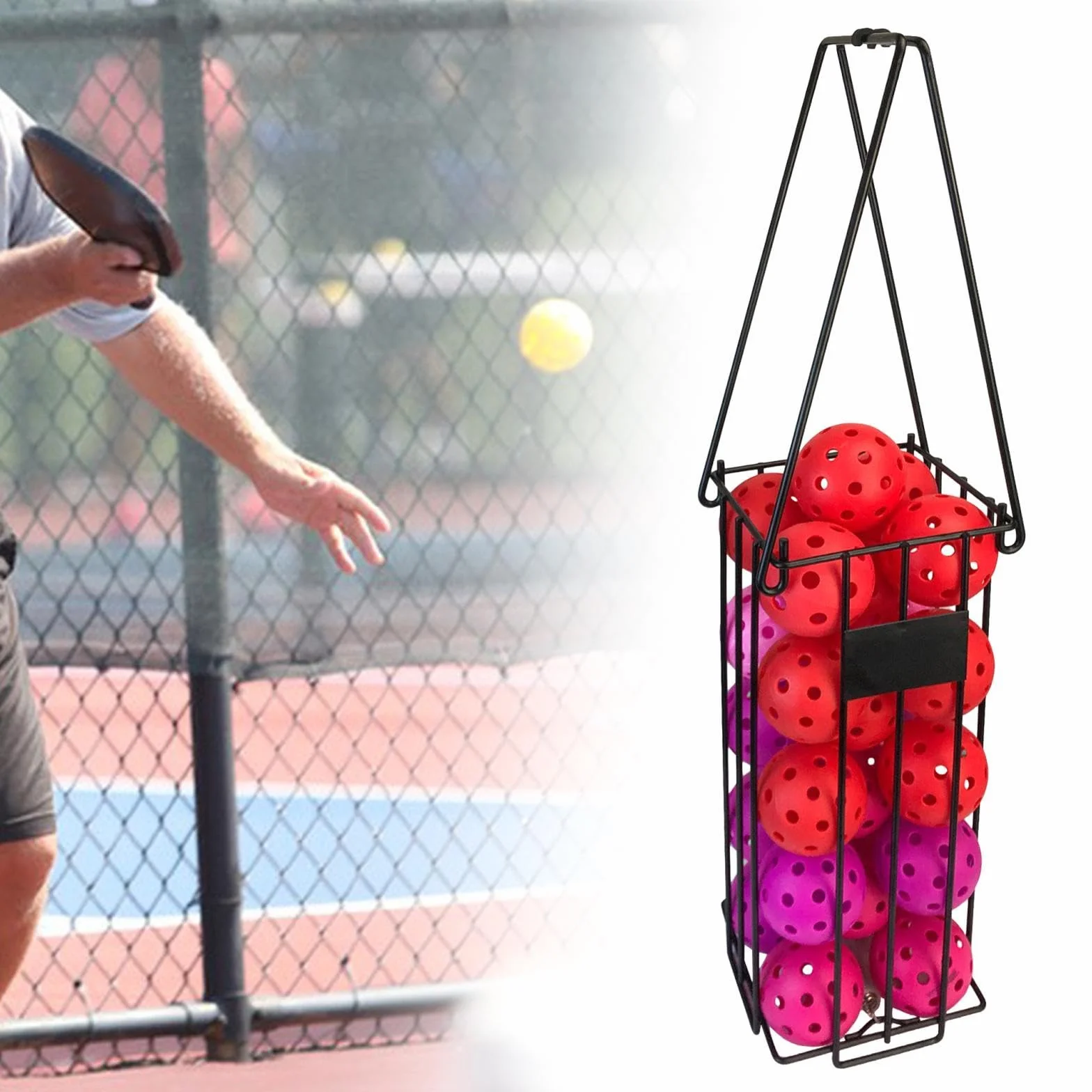 Cesta recogedora de Pelotas de Tenis y Pickleball con Asa, Carrito de Jaula para Entrenamiento