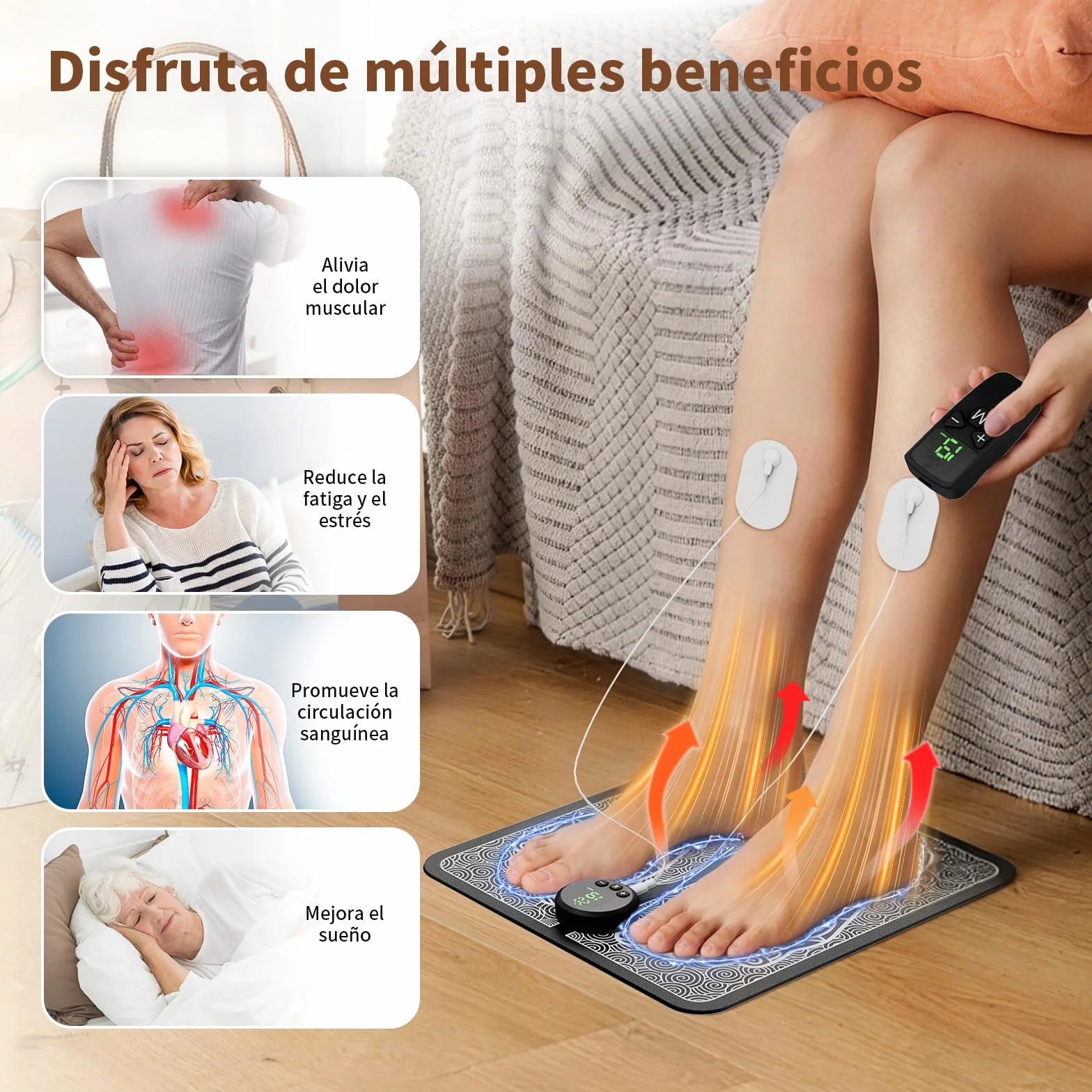Estera Masajeadora de Pies EMS, Masajeador Eléctrico Plegable con 12 Modos y 19 Niveles de Intensidad para Circulación y Alivio del Dolor