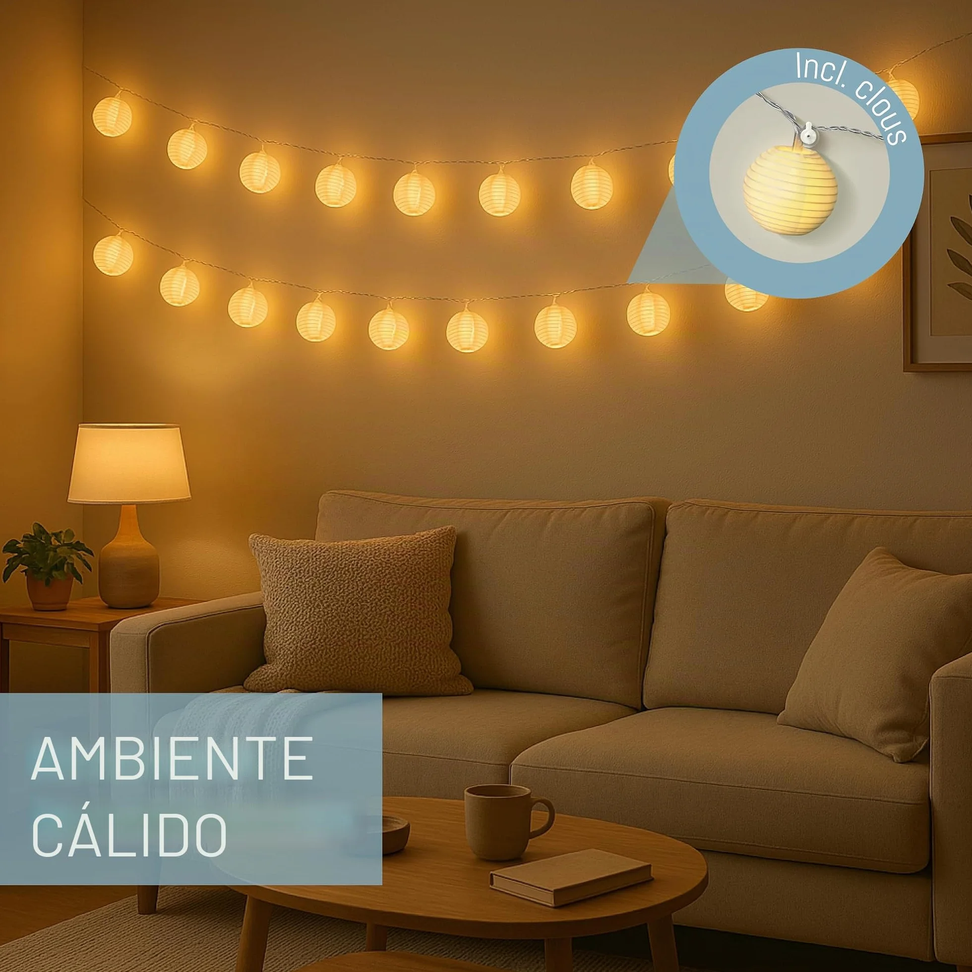 CozyHome Guirnalda luces exterior linternas LED blanco cálido 7m con enchufe