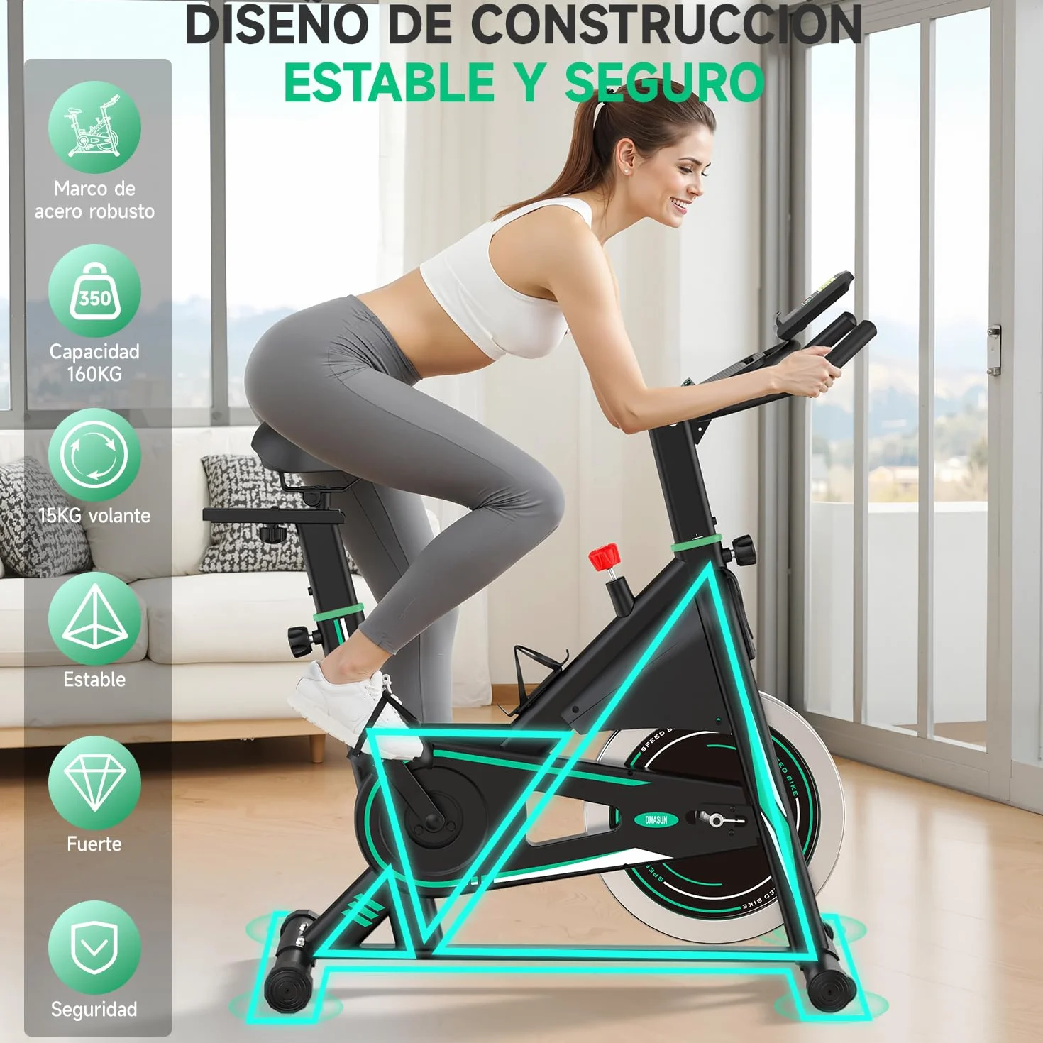 DMASUN Bicicleta Estática en Casa con Resistencia Ajustable, Bicicleta Estatica Silenciosa con Monitor LED, Cómodo Cojín de Asiento, App Propia, Capacidad de 160 kg, Entrenamiento Aeróbico