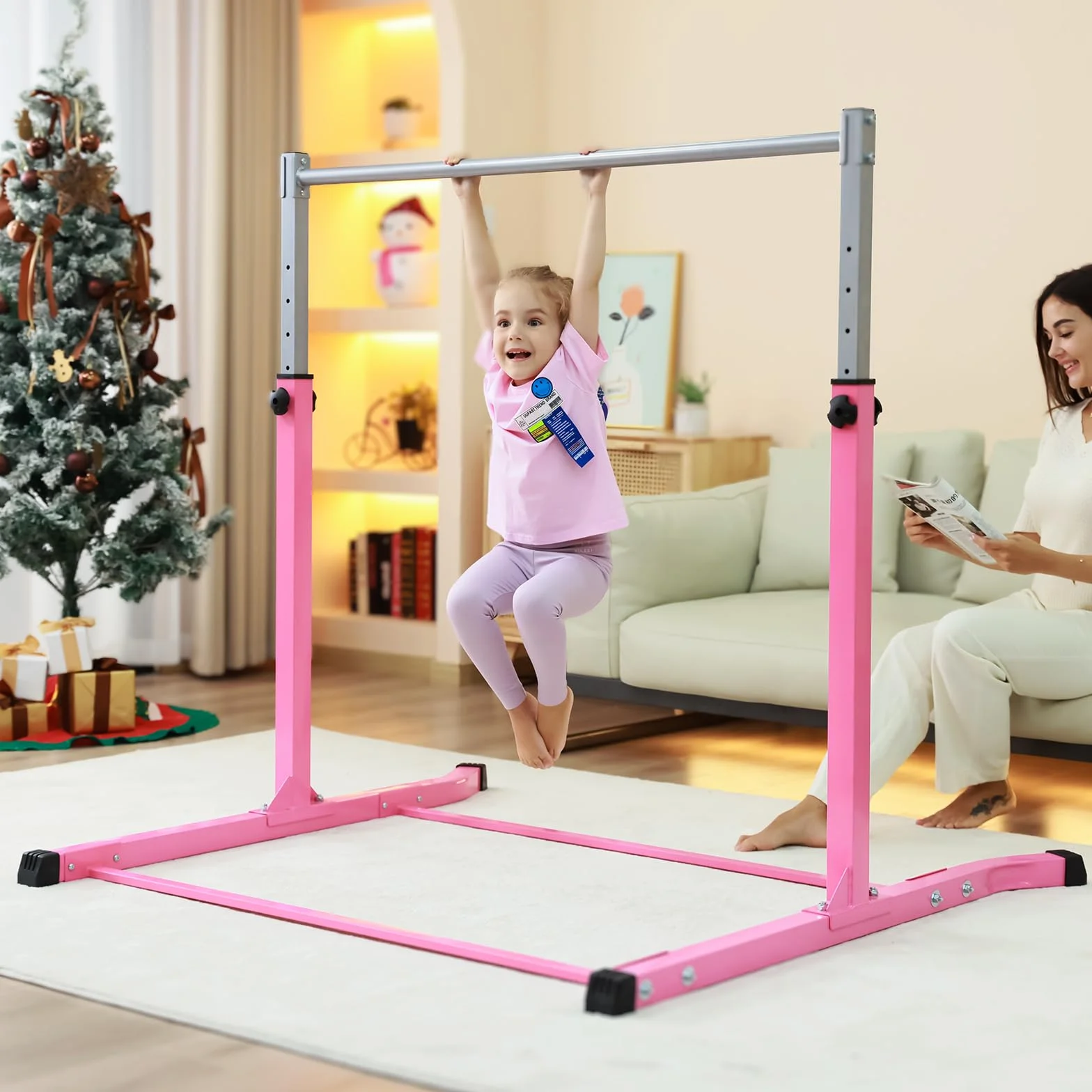 Mosebears Barra de gimnasia para niños, acero estable, altura ajustable 3-5 pies