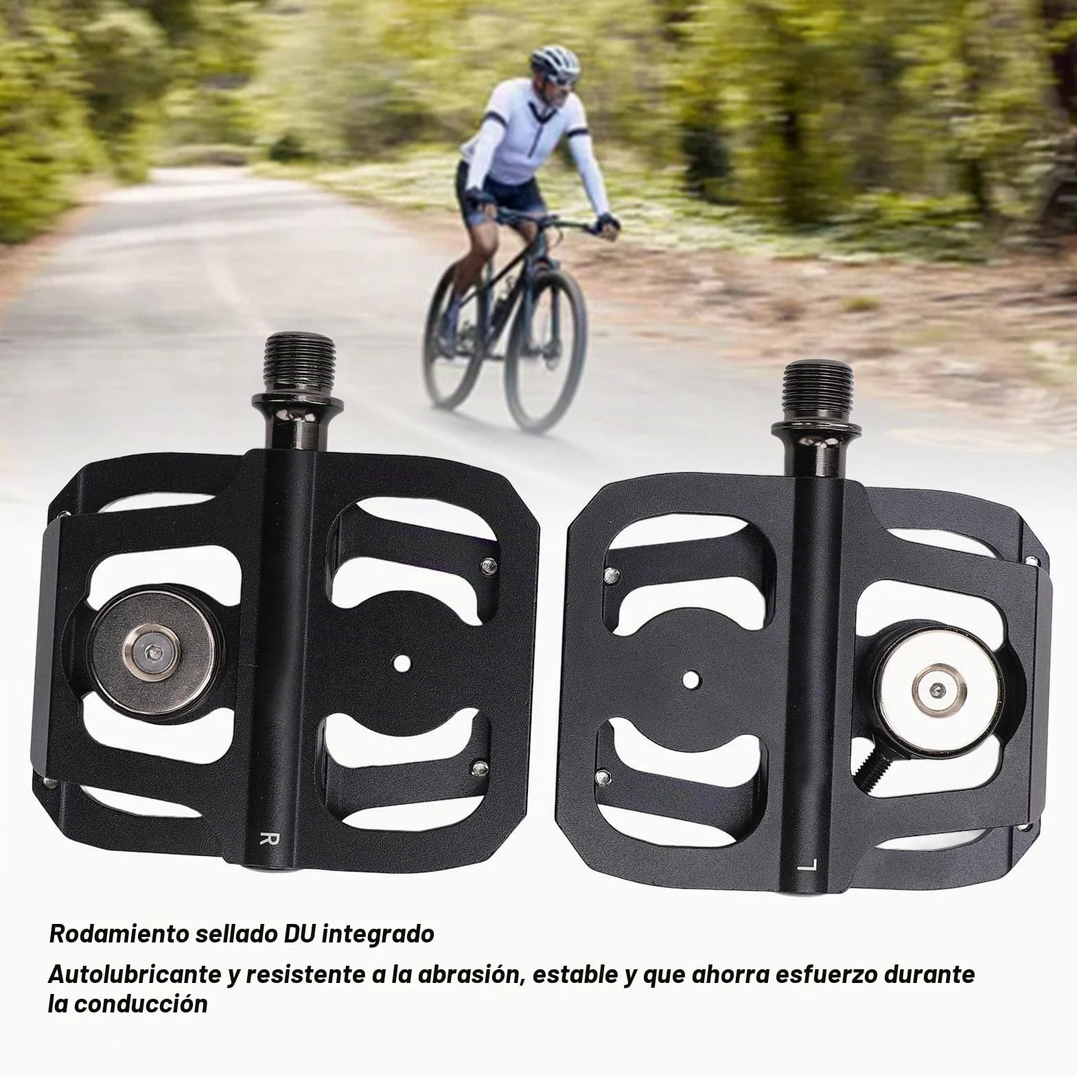 Pedales de bicicleta con rodamiento DU sellado, pedales de plataforma plana de aleación de aluminio con eje de acero y interfaz roscada universal