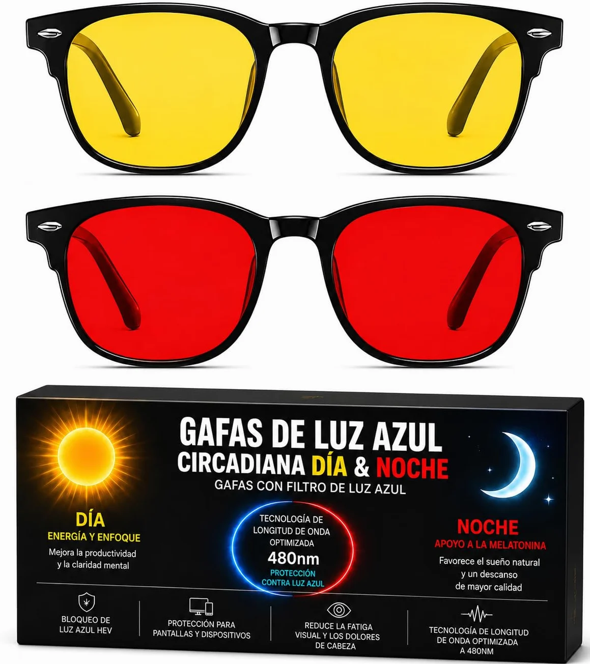 Solmoon Gafas Luz Azul Set 2 Gafas Focus Amarilla Sleep Roja Sistema Circadiano 24H Lentes Tritan™ BPA Free Circalens™