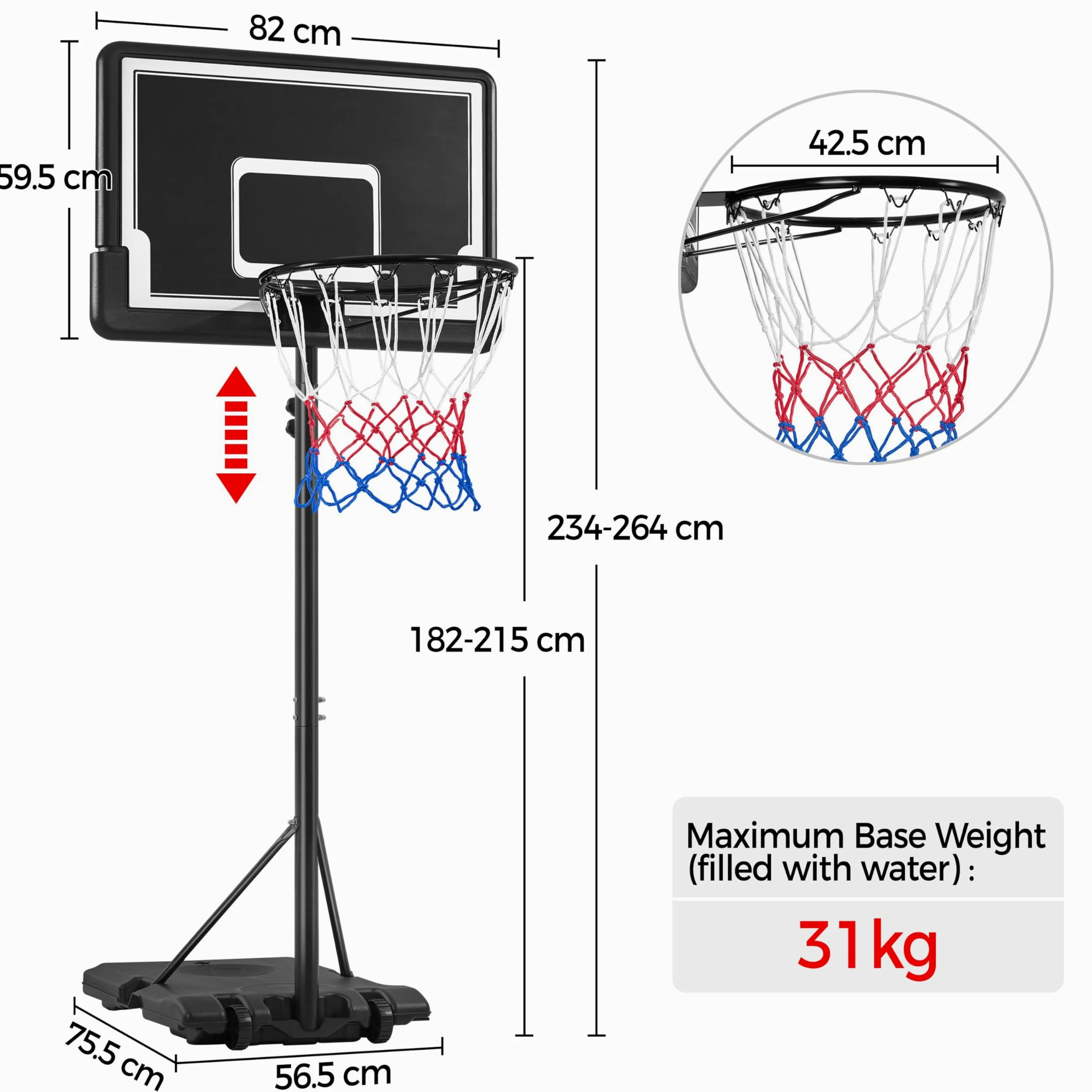 Yaheetech Canasta Baloncesto Exteior, Aro de Baloncesto con Ruedas Tableros de Baloncesto para Adultos Altura Ajustable 182-215 cm Negro