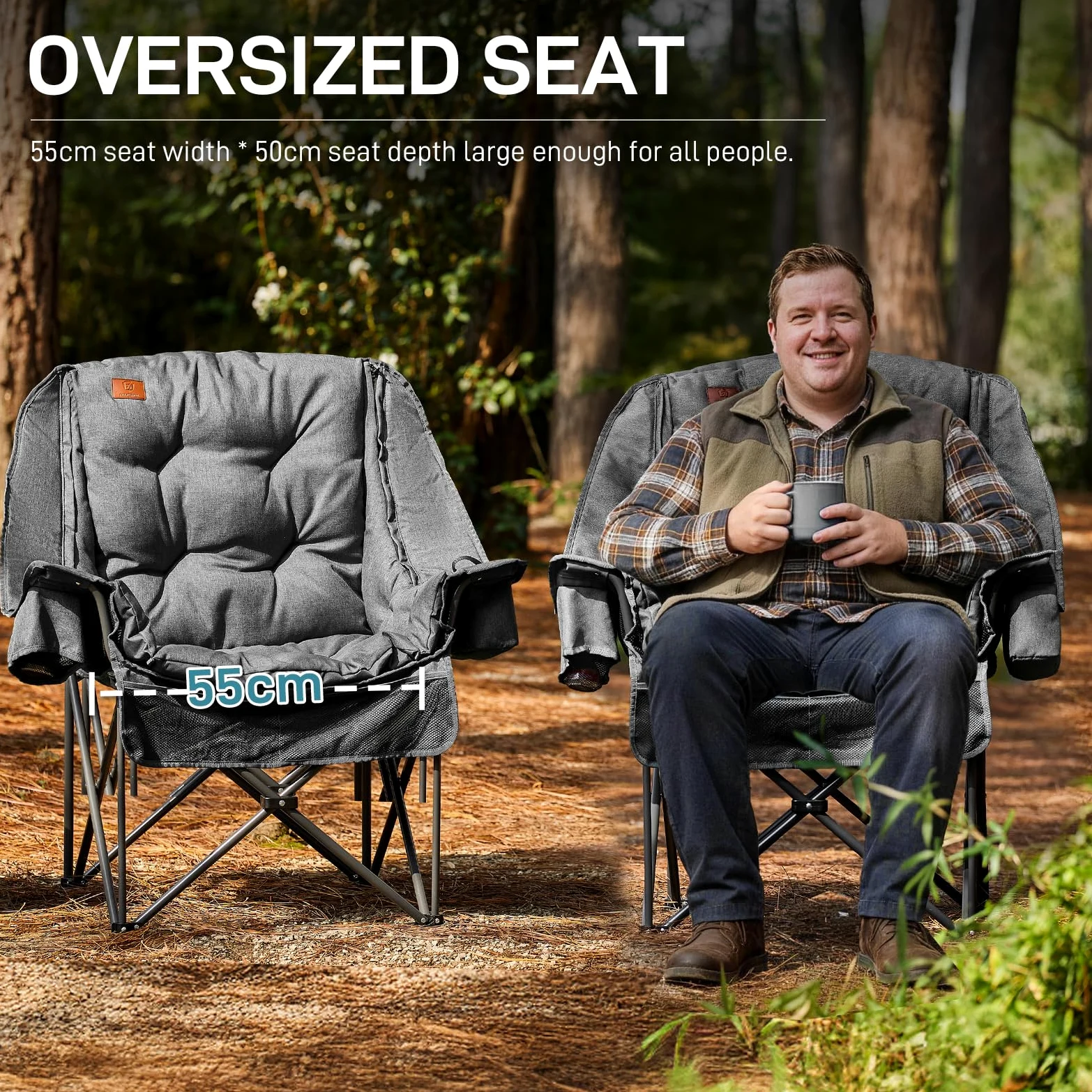 EVER ADVANCED Silla de Camping Plegable 2 en 1 Extragrande con Acolchado extraíble de 6 cm de Grosor, soporta 180 kg, Incluye Bolsillos Laterales, Compartimento refrigerador y portavasos