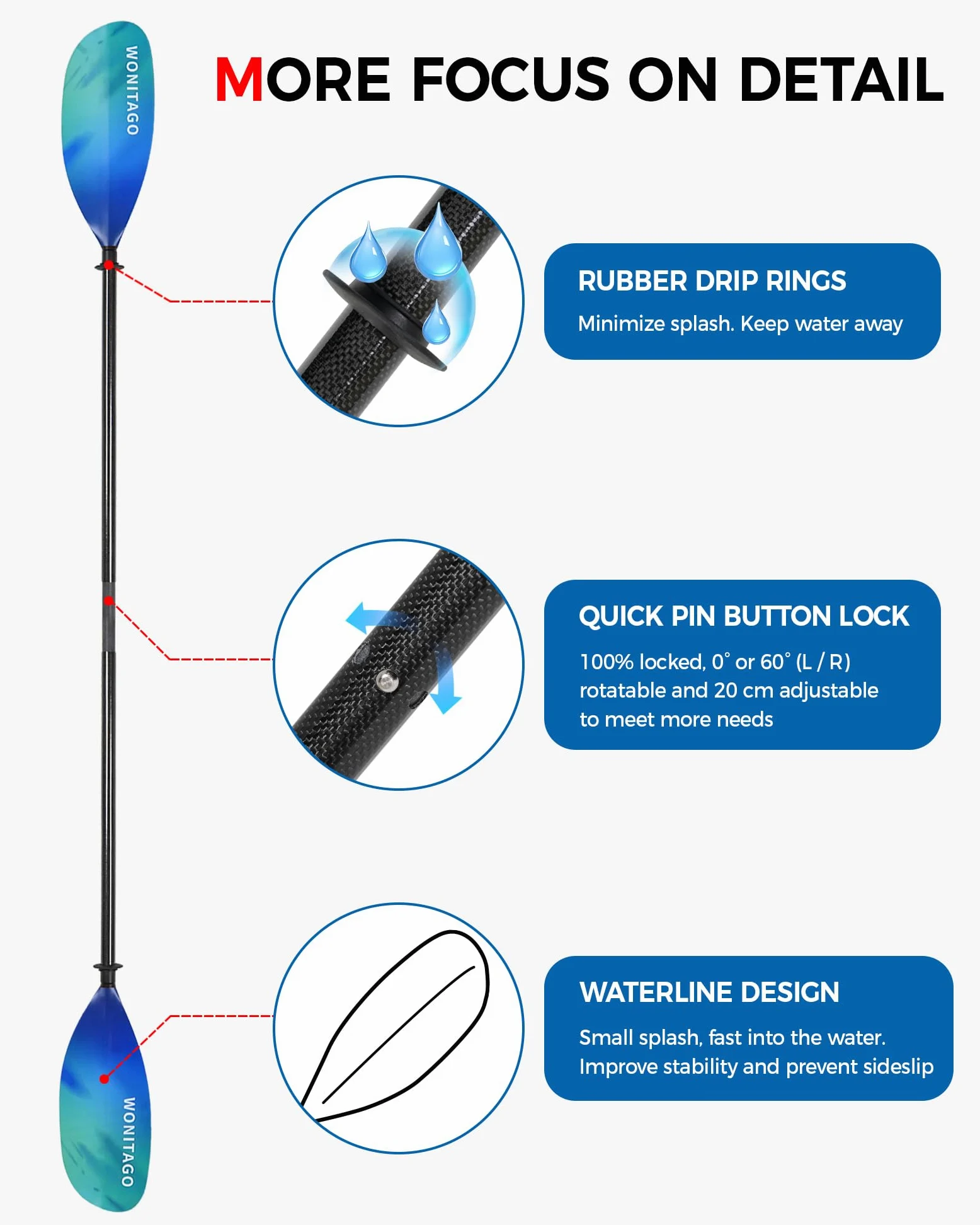 Palas de kayak de fibra de carbono con cuchillas de nailon, remos flotantes ajustables para kayak, 3 piezas, 210-230 cm, azul degradado