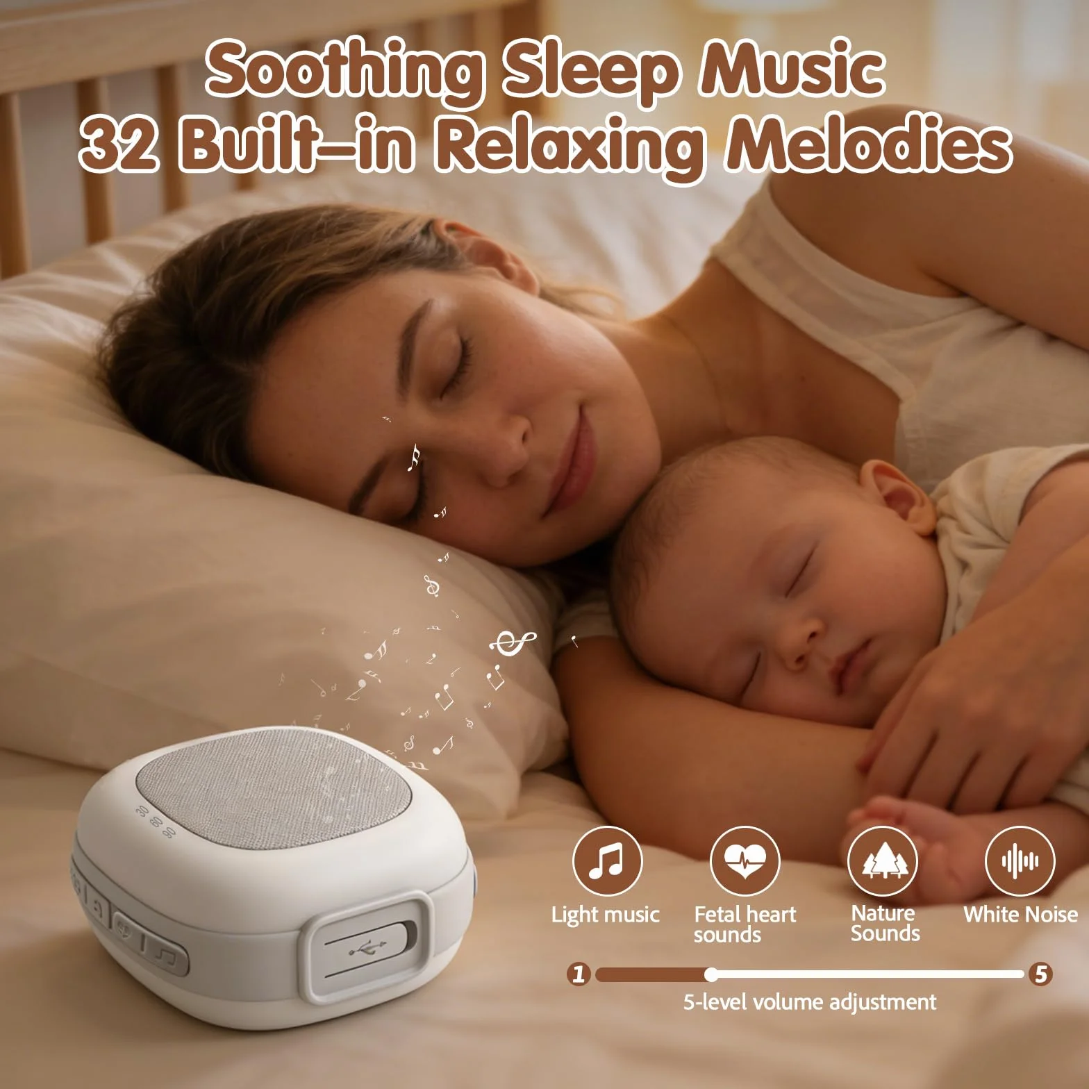 Gemmac Máquina de Ruido Blanco Portátil 32 Ruidos Blancos con Luz Nocturna Ajustable Temporizador Memoria para Dormir Adultos