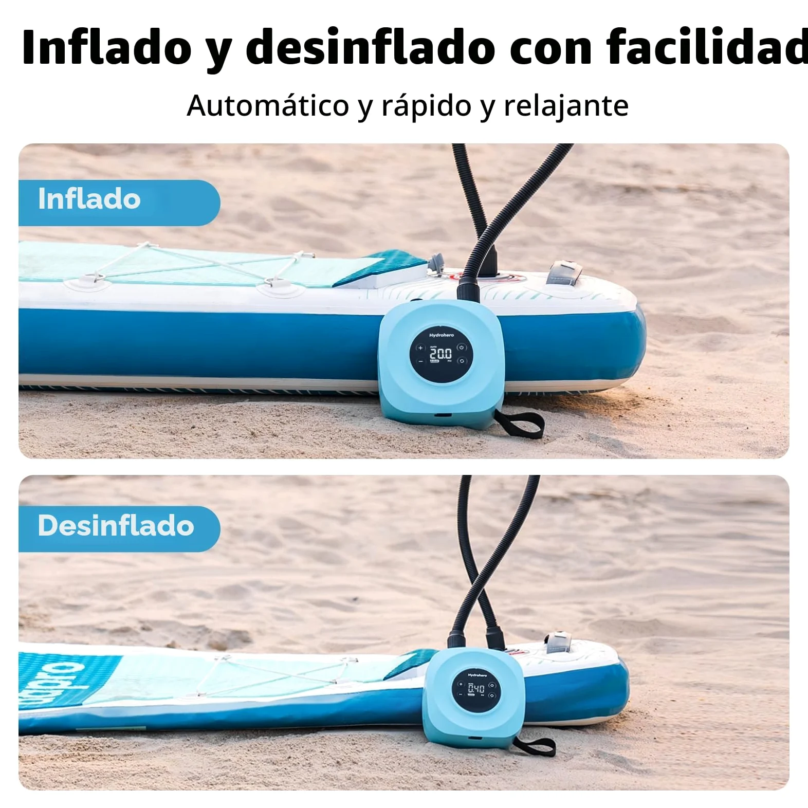 Hydrohero Bomba Eléctrica para Paddle Board, Sup Recargable 20 PSI, Inflado/Desinflado Inteligente a Doble Etapa, Apagado Automático para Tablas de Paddle, Cometa de Surf, Tienda, Barco
