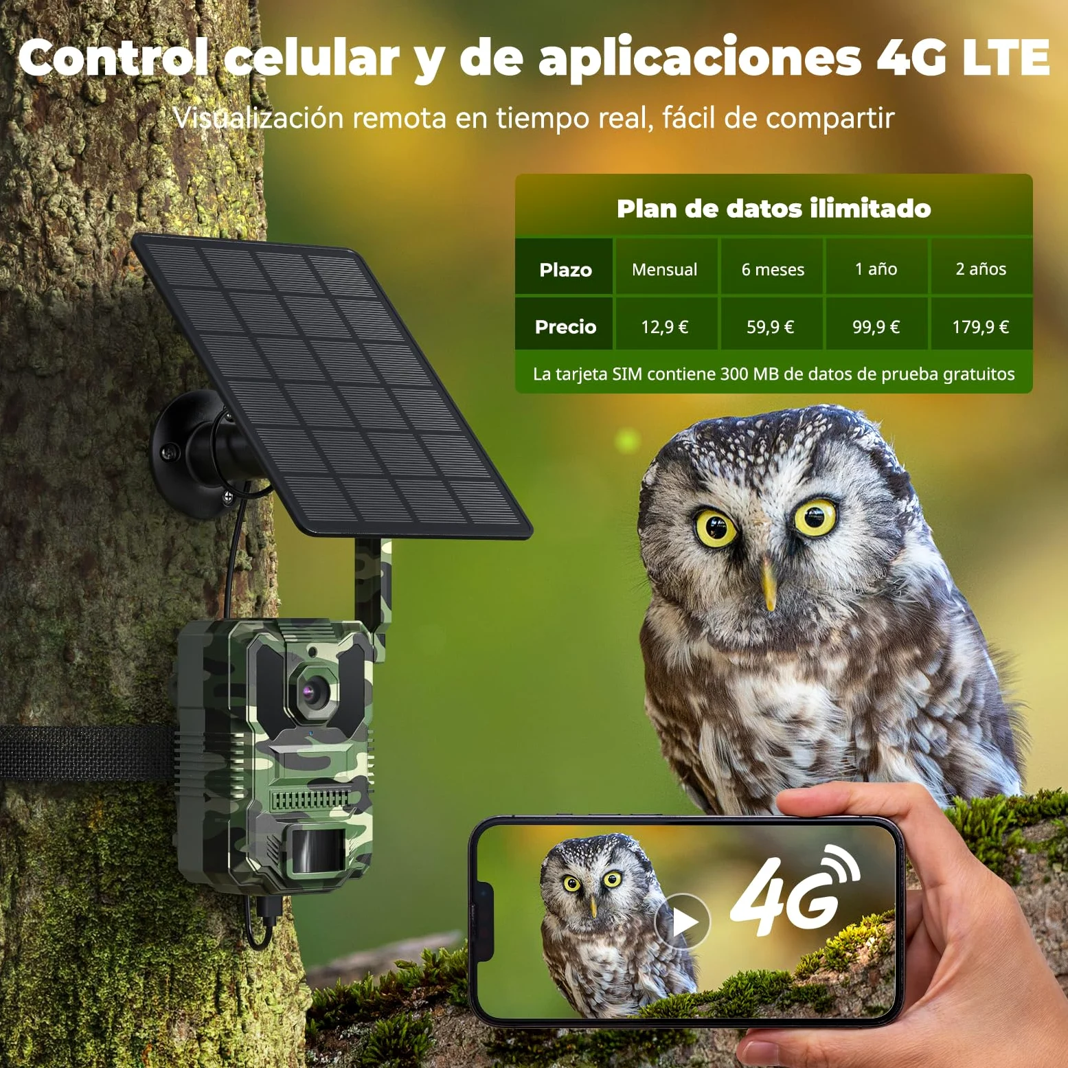 DEATTI 4G LTE Cámara de Caza 2.7K con Tarjeta SIM, Solar Camara Fototrampeo con App, Detección PIR por Infrarrojos Invisible, Cámara Caza Nocturna con 8000mAh Batería, Tarjeta TF de 64 GB IP66