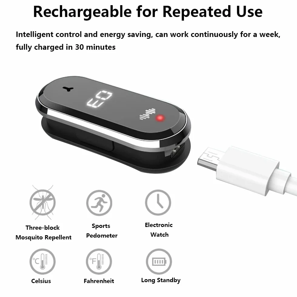 Pulsera repelente de mosquitos ultrasónica electrónica con carga USB Reloj repelente de insectos pantalla y detección de temperatura corporal blanca